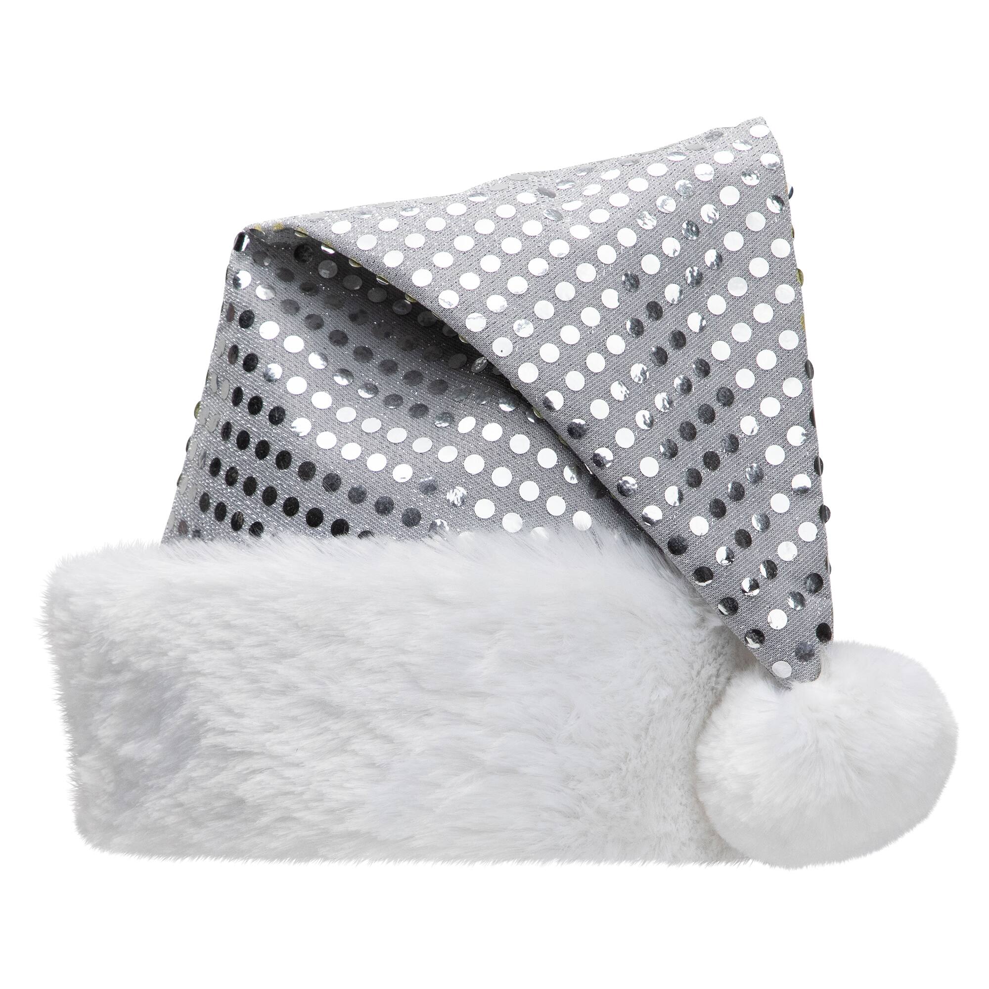 Alt View 1. Northlight - Unisex Adult Sequined Christmas Santa Hat with Cuff  - One Size - Silver and White - Silver.