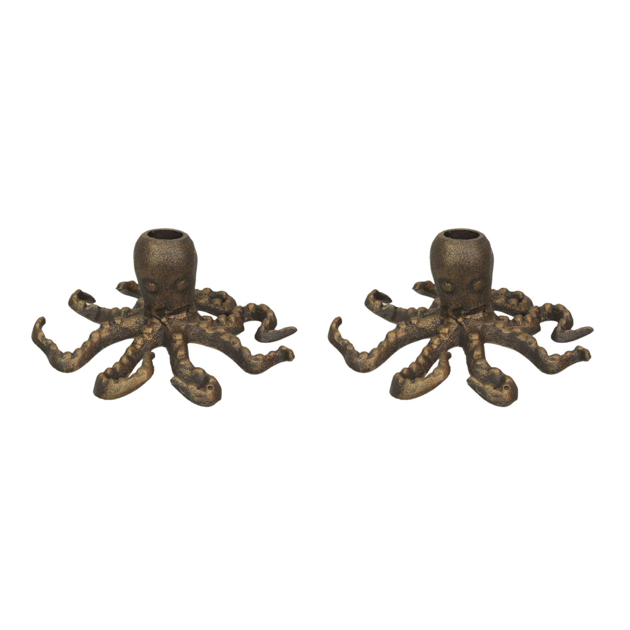 Front. Zeckos - Set of 2 Octopus Candle Holders – Antique Gold Finish – Nautical Beach Accent - Gold.