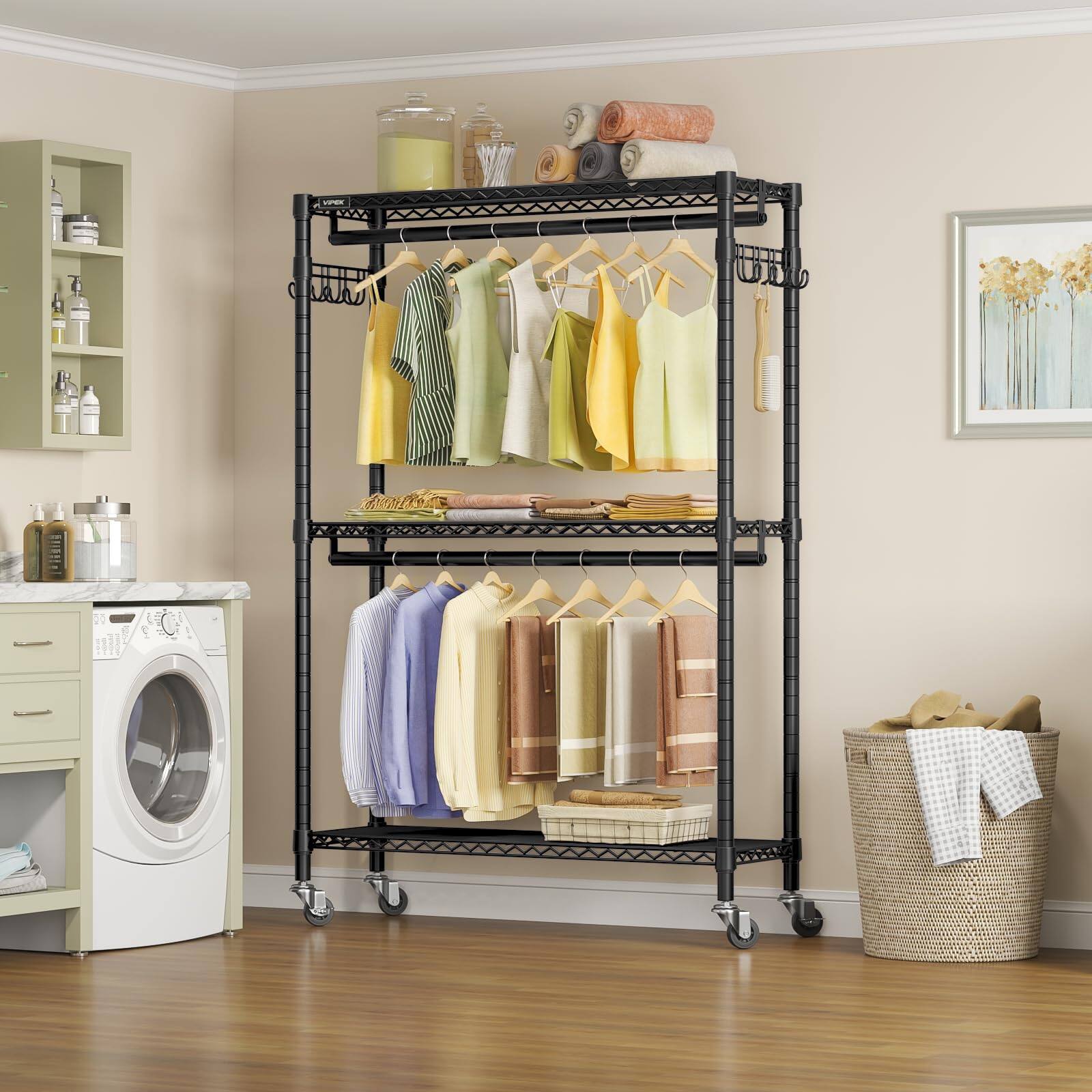 Alt View 2. Hirose Alice - VIPEK R2 Plus Heavy Duty Rolling Garment Rack 3 Tiers Wire Shelving Clothes Rack with Double Rods and Side - White R2 Plus.
