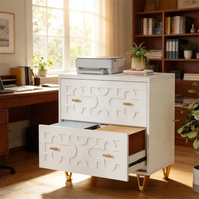 Angle. HTUTWOO - 31.52"L Multi-Functional File Cabinet - Nordic Style 2-Drawer Storage Filing Cabinet With Metal Handles, Anti-Tip Straps - White.