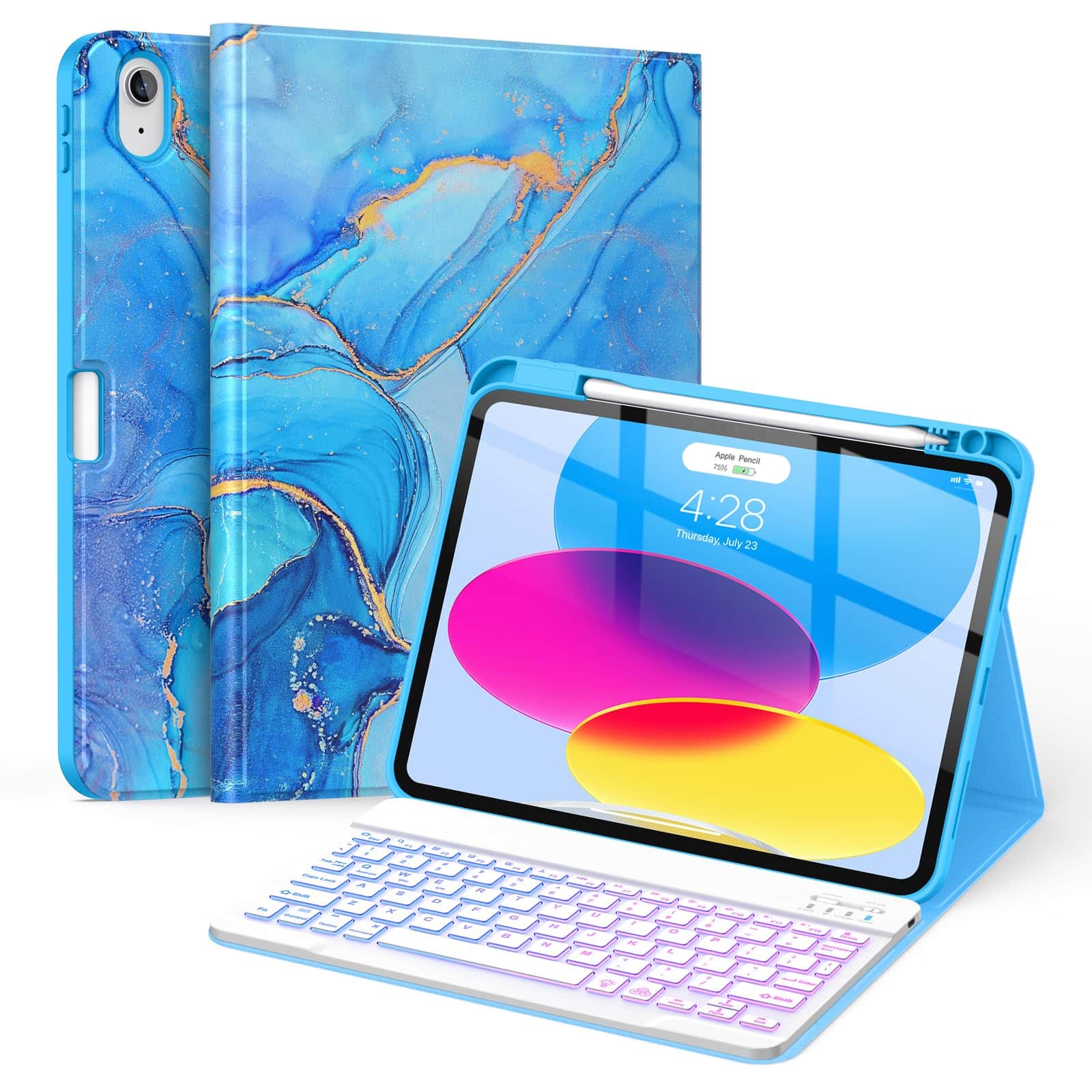 Pacoar Cade - For Ipad (a16) 11th/10th Generation Case With Keyboard(2025/2022)-7 Color Backlight Wireless Detachable Folio Cover - Blue Marble