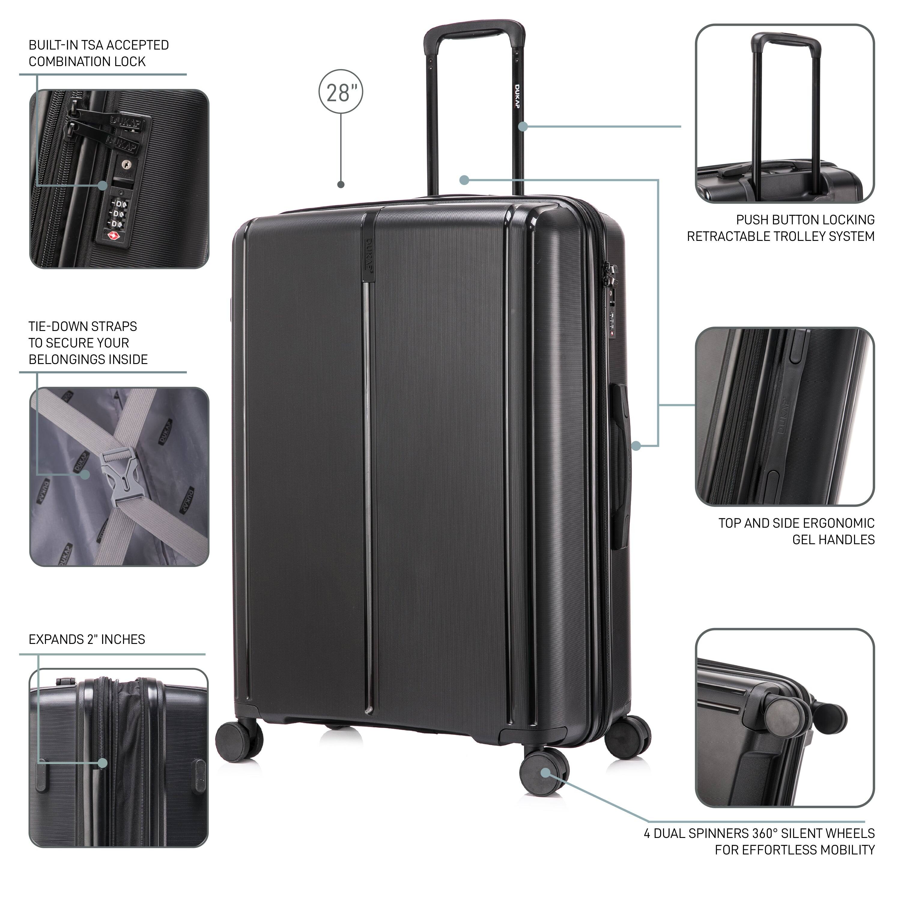 - Built-in TSA accepted combination lock
- 28" height
- Push button locking retractable trolley system
- Tie-down straps to secure your belongings inside
- Expands 2 inches
- Top and side ergonomic gel handles
- 4 dual spinners 360° silent wheels for effortless mobility
