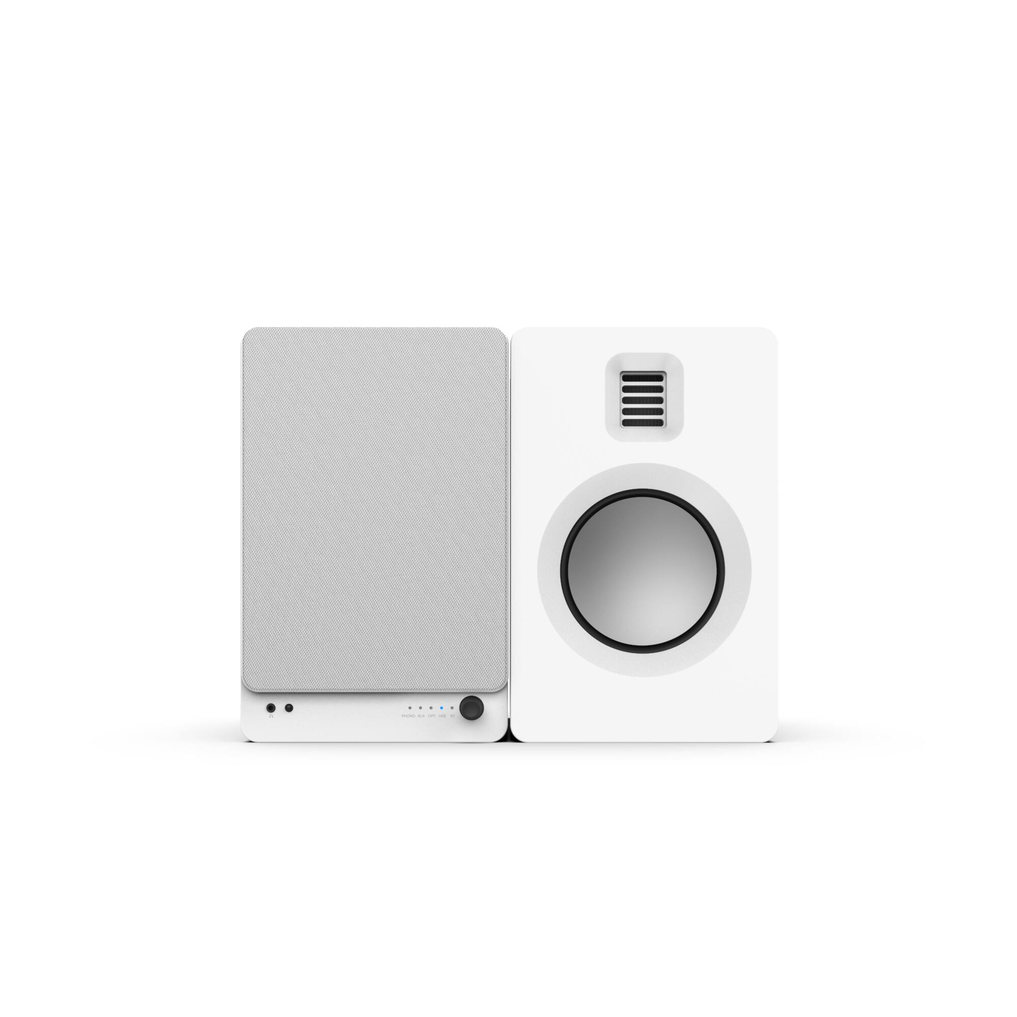 Angle. Kanto - TUK 260W Powered Bookshelf Speakers with Headphone Out - USB DAC - Dedicated Phono Pre-amp and Bluetooth - Pair - Matte White.