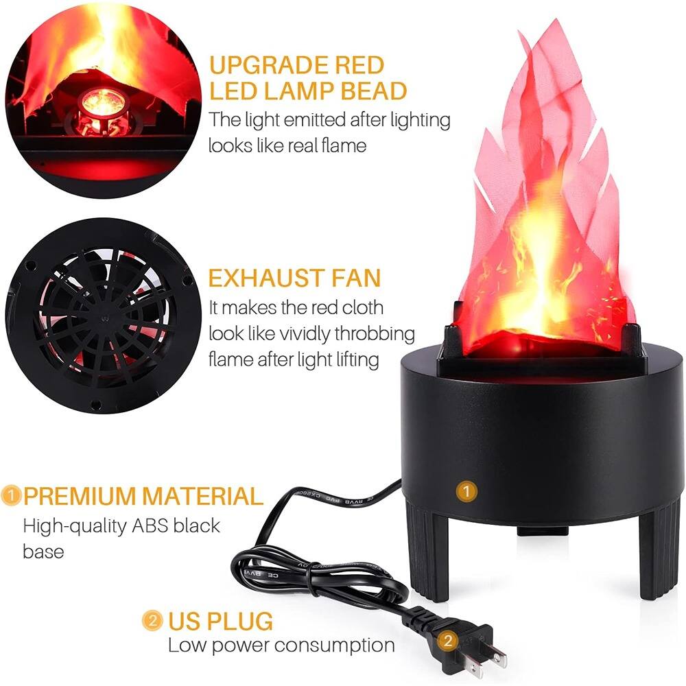**UPGRADE RED LED LAMP BEAD**  
The light emitted after lighting looks like real flame.

**EXHAUST FAN**  
It makes the red cloth look like vividly throbbing flame after light lifting.

**1. PREMIUM MATERIAL**  
High-quality ABS black base.

**2. US PLUG**  
Low power consumption.