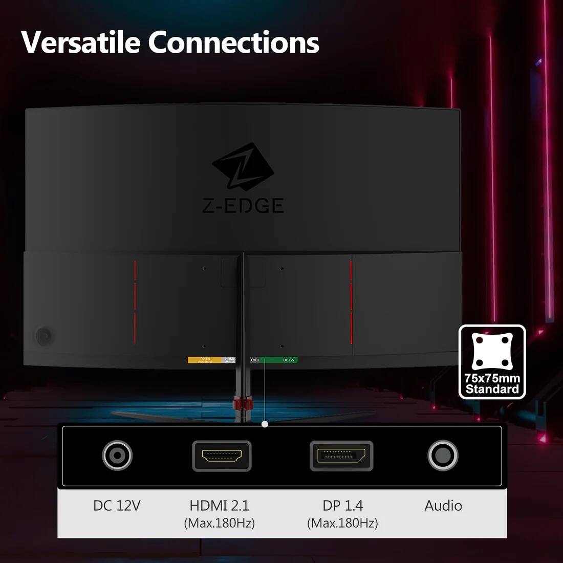 Versatile Connections
Z-EDGE
DC 12V HDMI 2.1 (Max.180Hz) DP 1.4 (Max.180Hz) Audio
75x75mm Standard