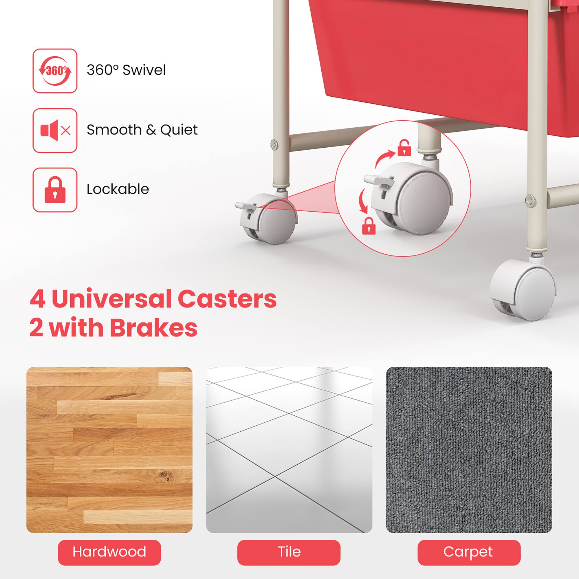 360° Swivel  
Smooth & Quiet  
Lockable  

4 Universal Casters  
2 with Brakes  

Hardwood  
Tile  
Carpet