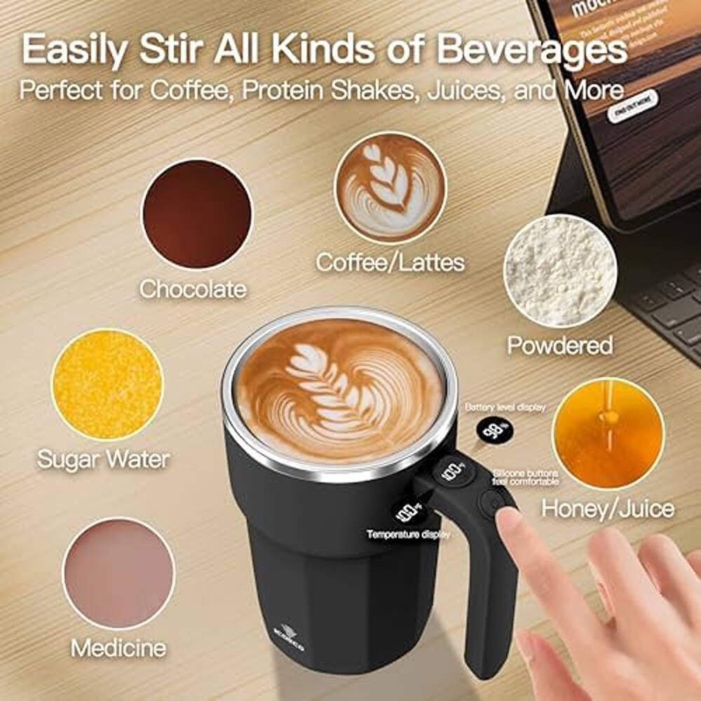 Easily Stir All Kinds of Beverages  
Perfect for Coffee, Protein Shakes, Juices, and More  

- Chocolate  
- Coffee/Lattes  
- Powdered Sugar  
- Sugar Water  
- Medicine  
- Honey/Juice  

Battery level display  
Temperature display  
Silicone buttons feel comfortable