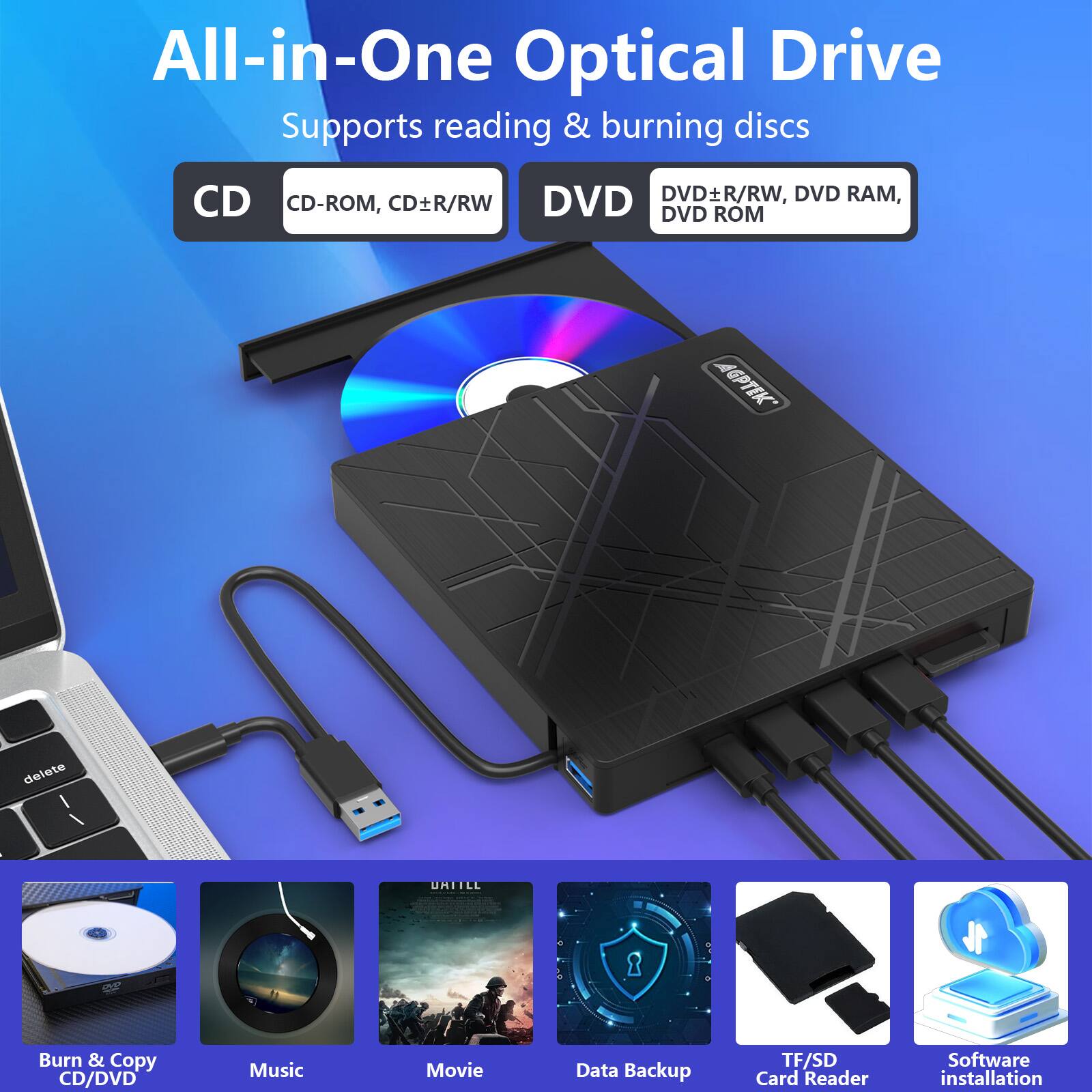 All-in-One Optical Drive Supports reading & burning discs CD DVD DVD R/RW, DVD RAM, CD-ROM, CD+R/RW DVD ROM AGPTIK delete I / UNTTLE 1 17 Burn & Copy CD/DVD Music Movie Data Backup TF/SD Card Reader Software installation