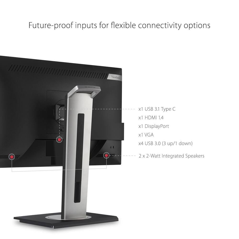 Future-proof inputs for flexible connectivity options

- x1 USB 3.1 Type C
- x1 HDMI 1.4
- x1 DisplayPort
- x1 VGA
- x4 USB 3.0 (3 up/1 down)
- 2 x 2-Watt Integrated Speakers
