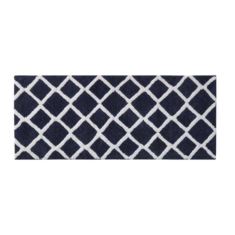 Front. HTUTWOO - Reversible High Pile Tufted Bath Rug - 24x60" Microfiber Bathroom Mat, Geometric to Stripes Reversible, Machine Washable - NAVY.