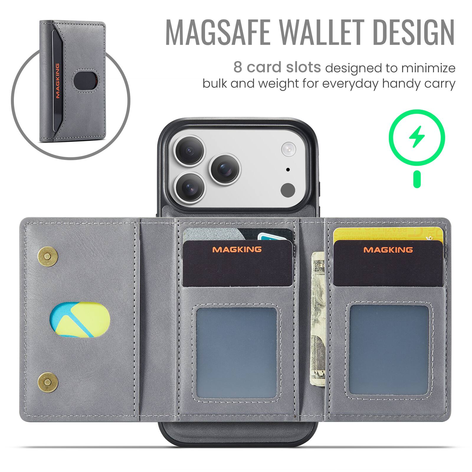 MAGSAFE WALLET DESIGN  
8 card slots designed to minimize bulk and weight for everyday handy carry  

BRAZIL NETHERLANDS POLANDIMILA  

MAGKING  
MAGKING