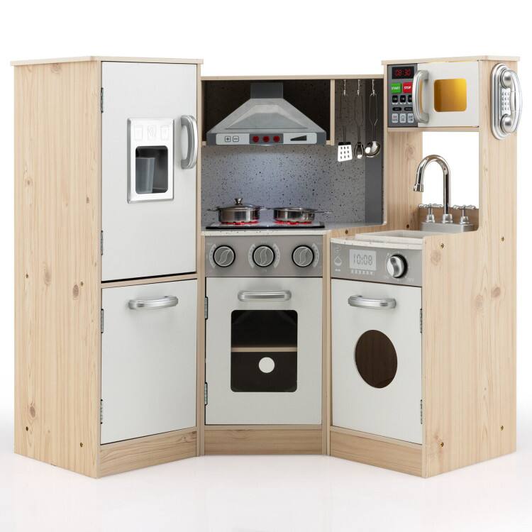 SlickBlue - Kids Wooden Corner Kitchen Set with Pretend Cookware Accessories - White, Natural price history on PriceWatchPro