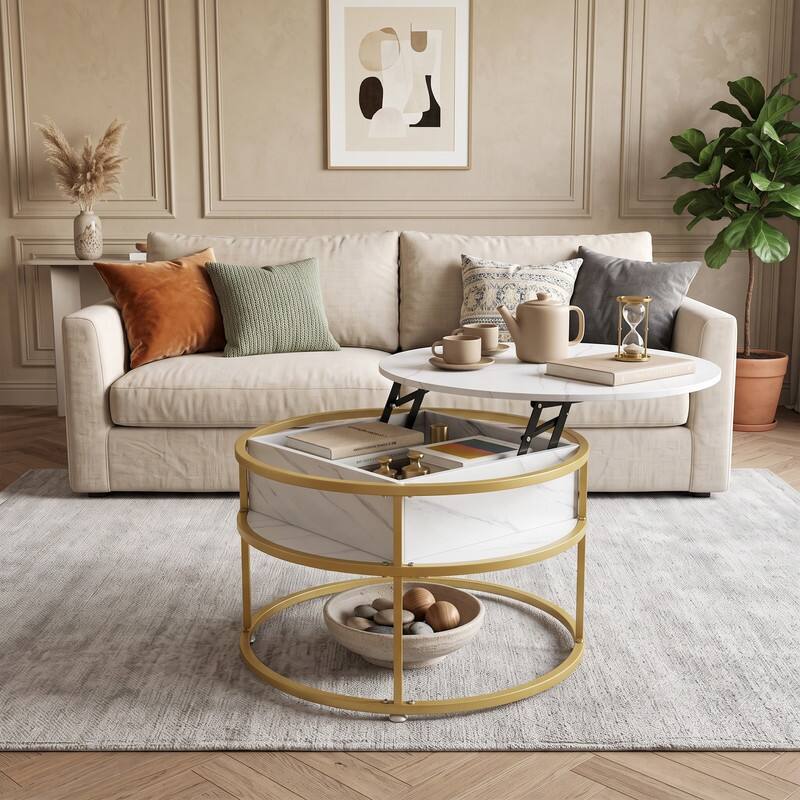 Angle. WELLFOR - 31.5" Round Lift Top Coffee Table with Hidden Compartment, Accent Center Table with Metal Frame - White.