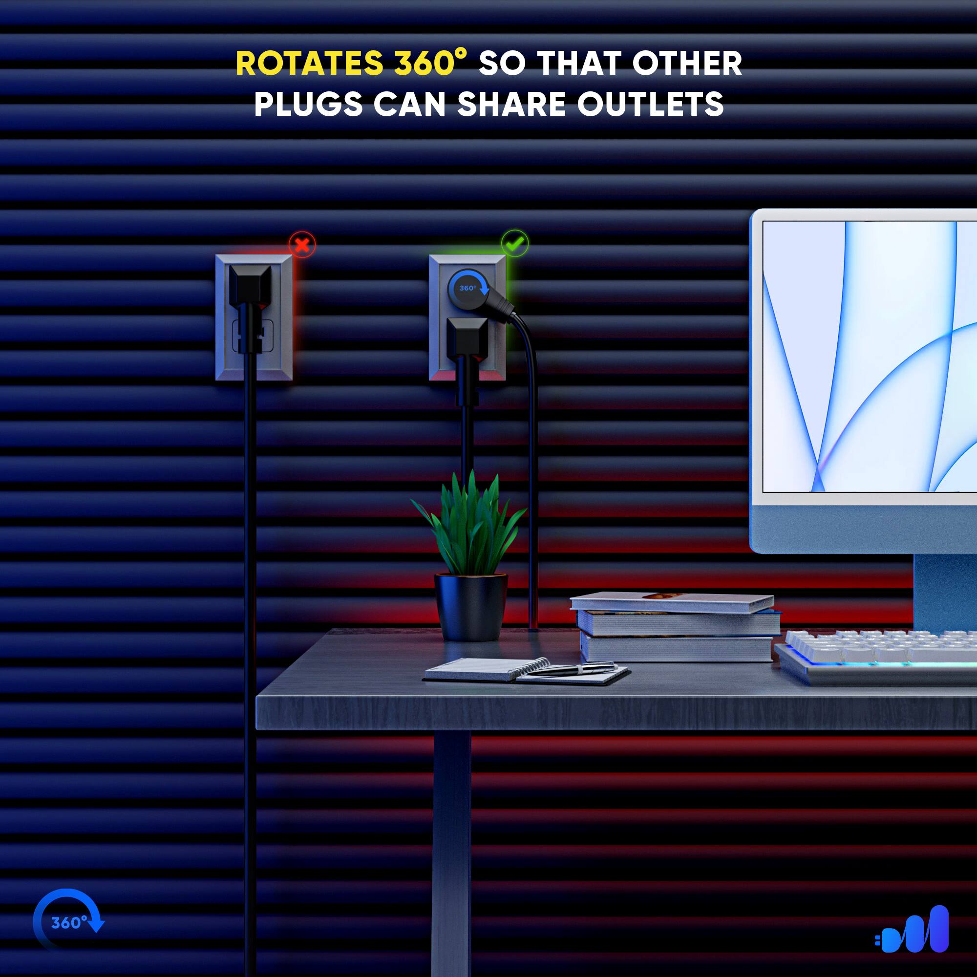 ROTATES 360° SO THAT OTHER PLUGS CAN SHARE OUTLETS 360°