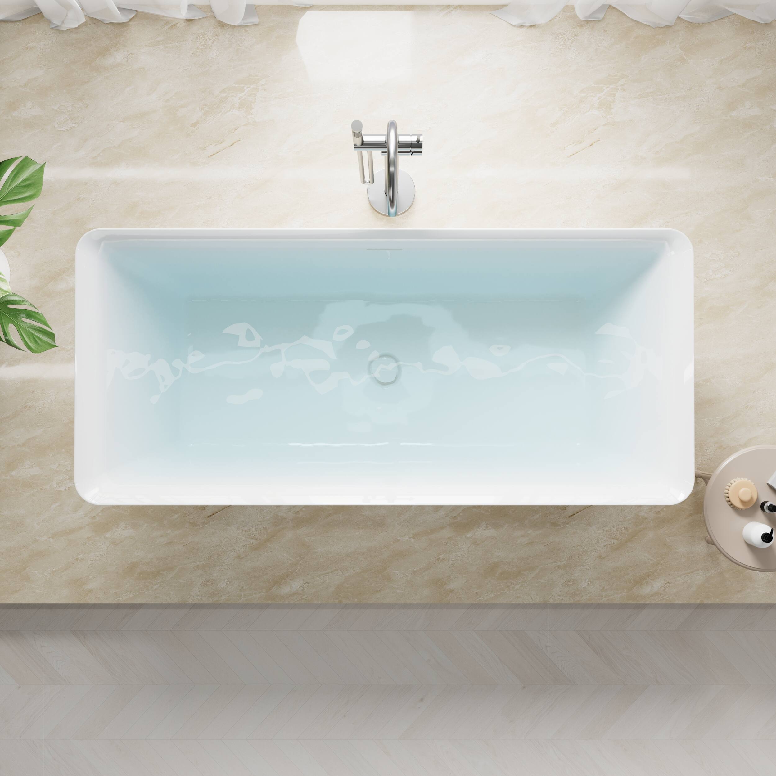 Angle. WELLFOR - Square 66 in. Acrylic Flat Bottom Double Ended Freestanding Soaking  Bathtub with Drain and Overflow - White.