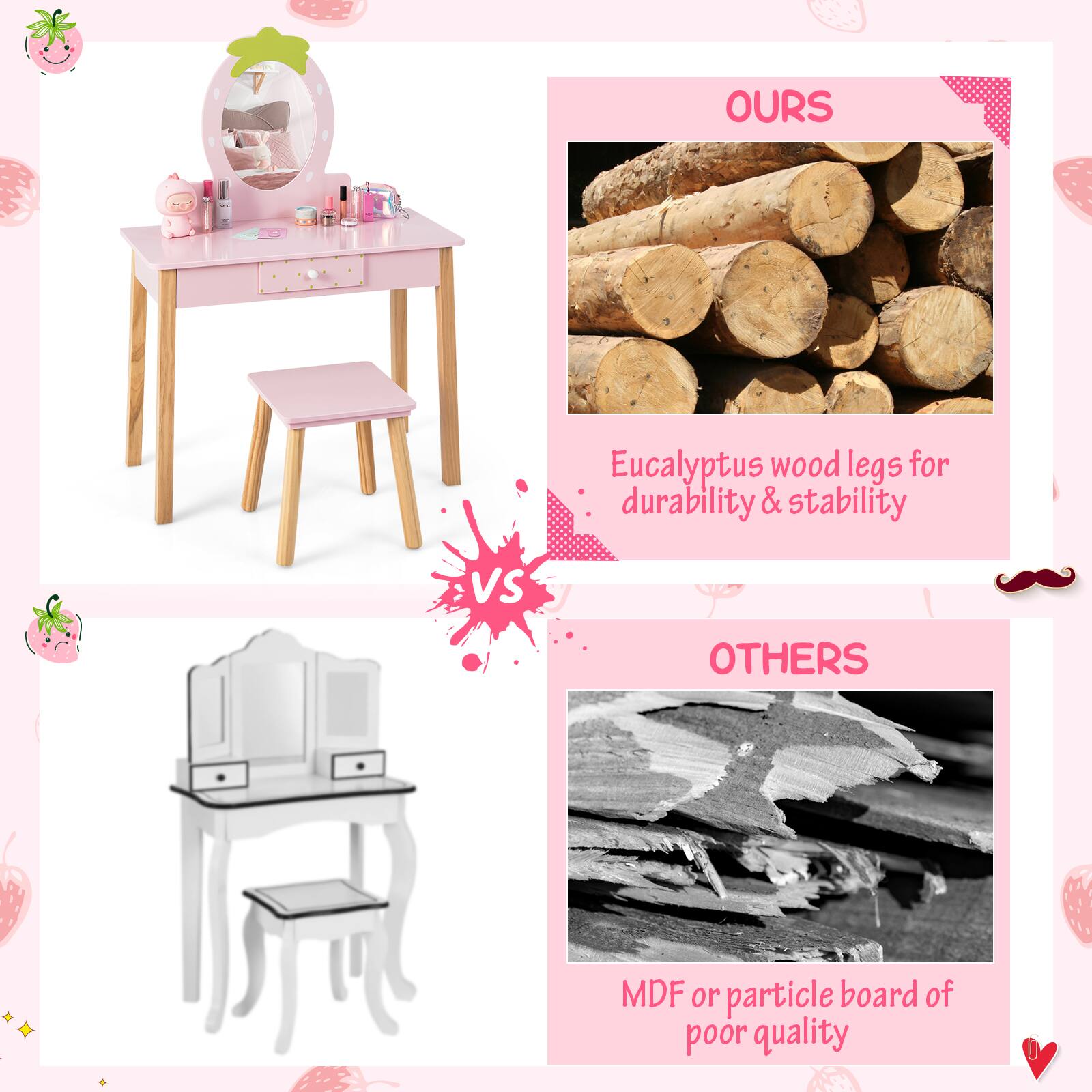 **OURS**

Eucalyptus wood legs for durability & stability

**VS**

**OTHERS**

MDF or particle board of poor quality