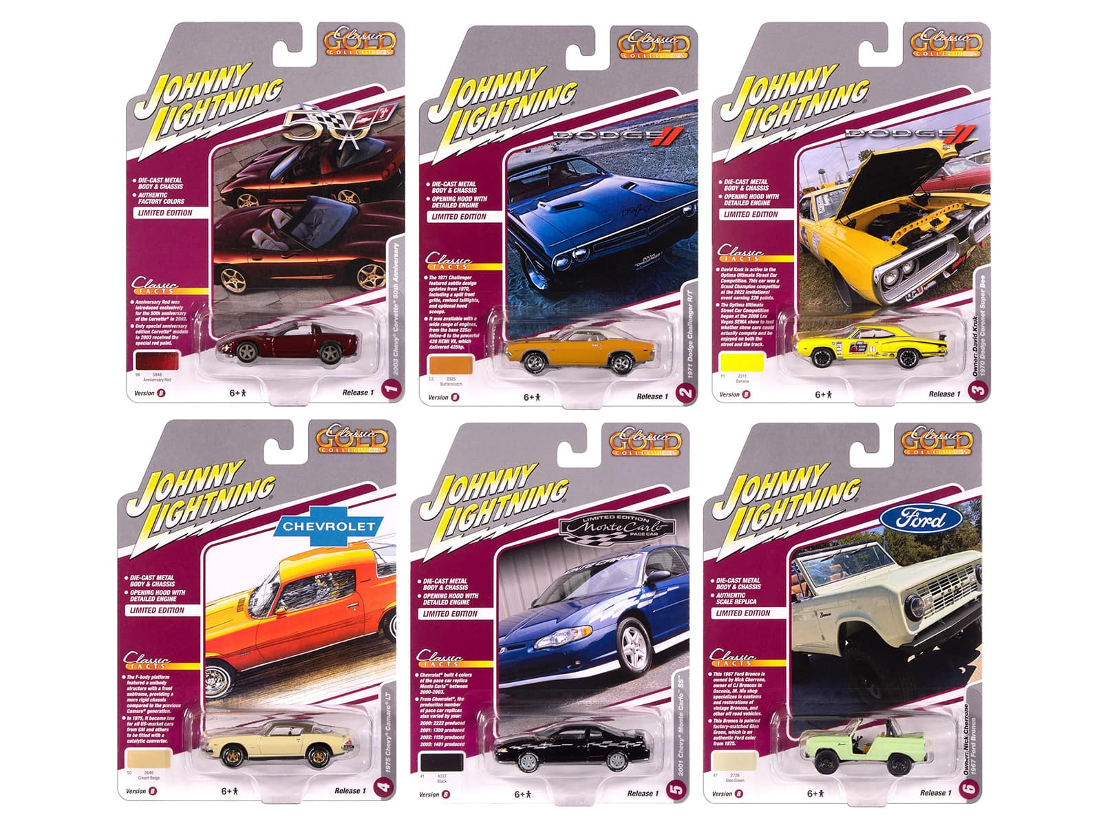 "Classic Gold Collection" 2025 Release 1 Set B of 6 Cars 1/64 Diecast Model Cars by Johnny Lightning - Multicolor