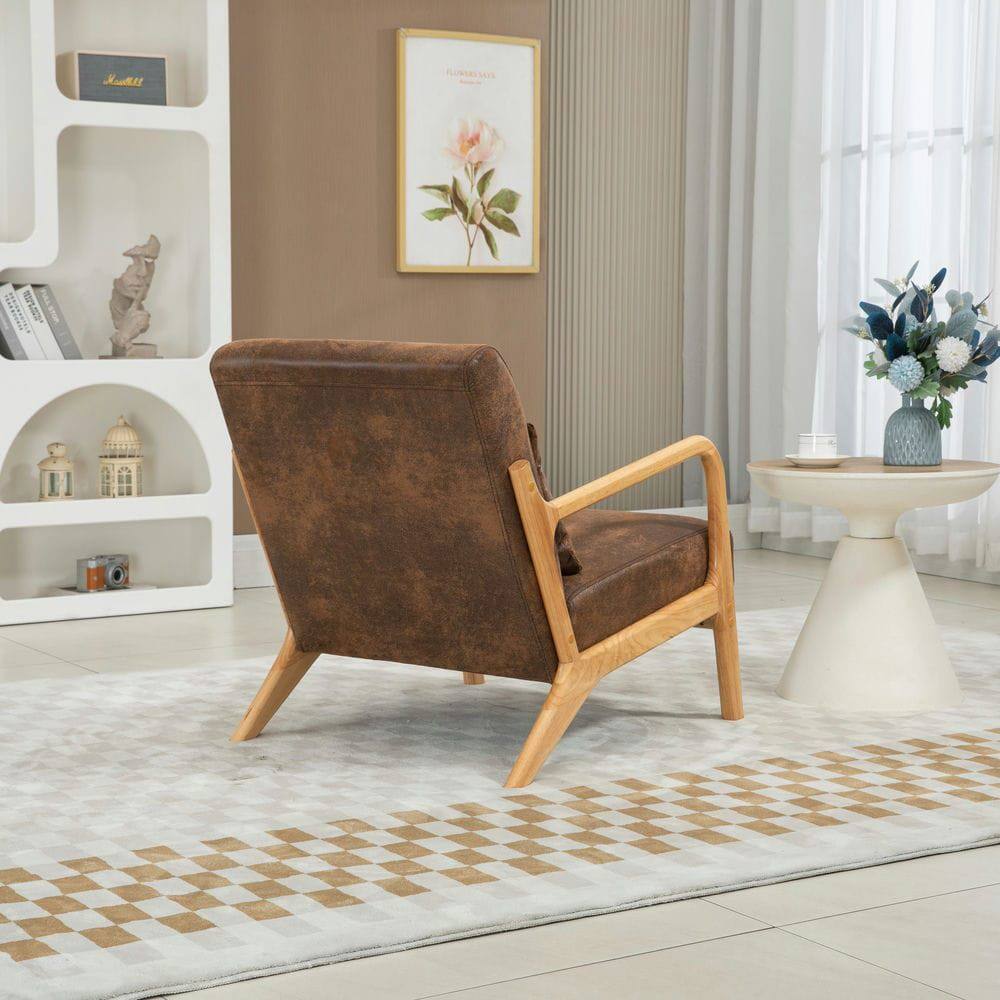 Alt View 3. Kadyn - Mid Century Modern Accent Chair with Wood Frame & Waist Cushion, Upholstered Reading Armchair for Living Room, Brown - Brown.