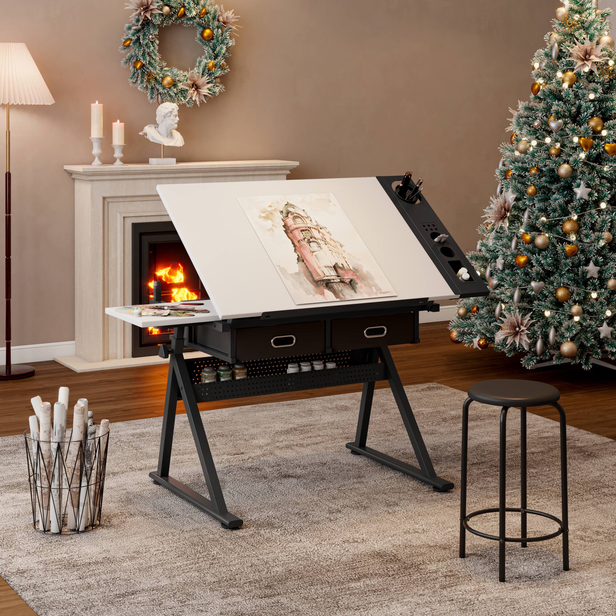 Left. GOODSILO - Adjustable Height Tiltable Drafting Table Desk with Storage Drawers and Included Stool for Artists and Students - White.