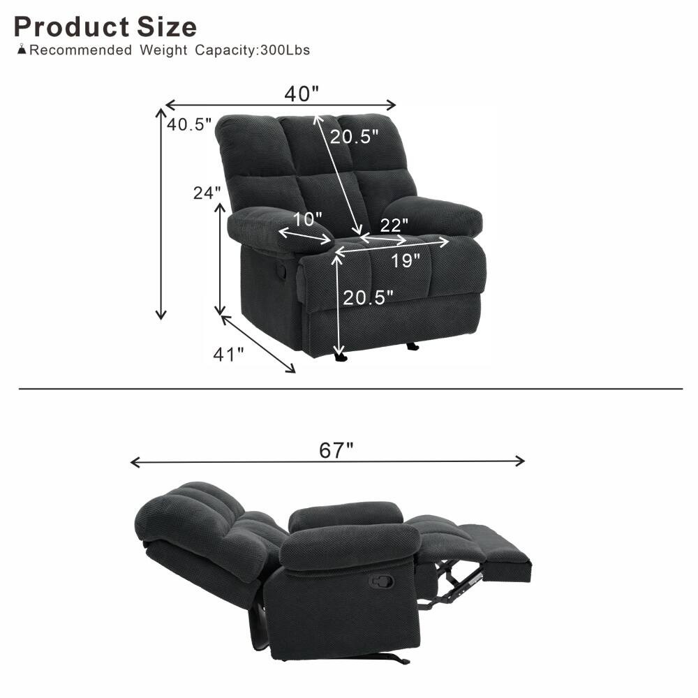 Product Size  
Recommended Weight Capacity: 300Lbs

40"  
40.5"  
20.5"  
24"  
10"  
22"  
19"  
20.5"  
41"  
67"