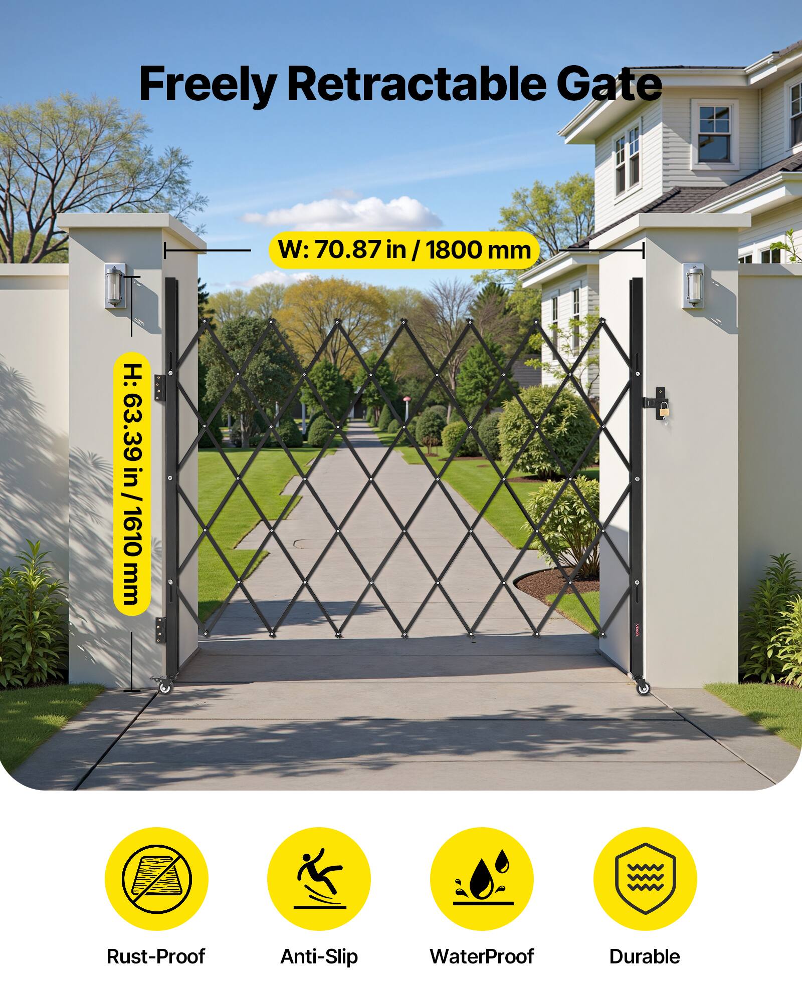 Freely Retractable Gate  
W: 70.87 in / 1800 mm  
H: 63.39 in / 1610 mm  

Rust-Proof  
Anti-Slip  
WaterProof  
Durable