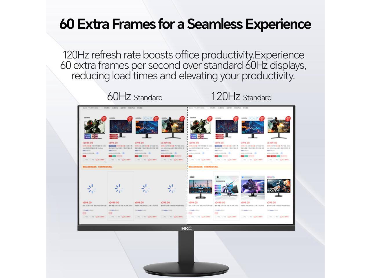 60 Extra Frames for a Seamless Experience

120Hz refresh rate boosts office productivity. Experience 60 extra frames per second over standard 60Hz displays, reducing load times and elevating your productivity.

60Hz Standard

120Hz Standard

HKC
