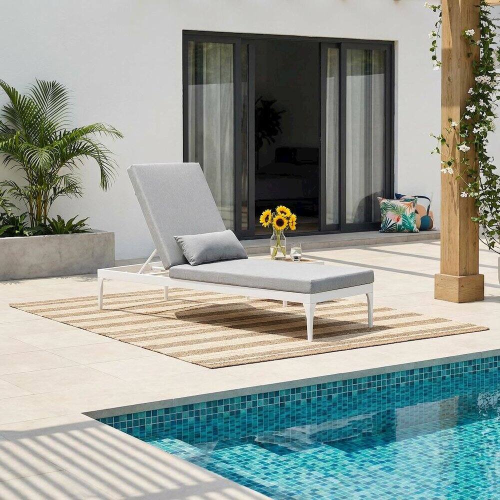 Angle. Outdoor Escape - Outdoor Patio Chaise Lounge Chair With Cushioned Top For Relaxing - White.
