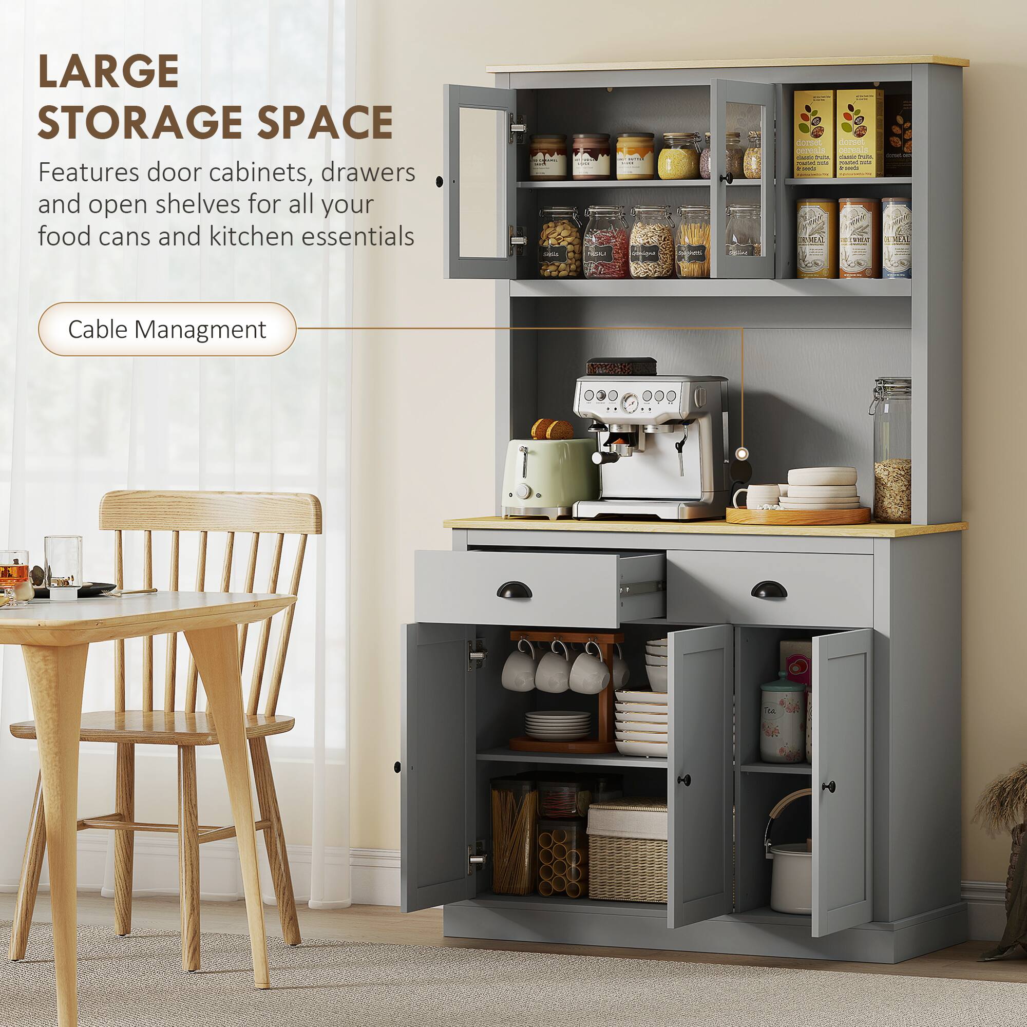 LARGE STORAGE SPACE  
Features door cabinets, drawers and open shelves for all your food cans and kitchen essentials  

Cable Management