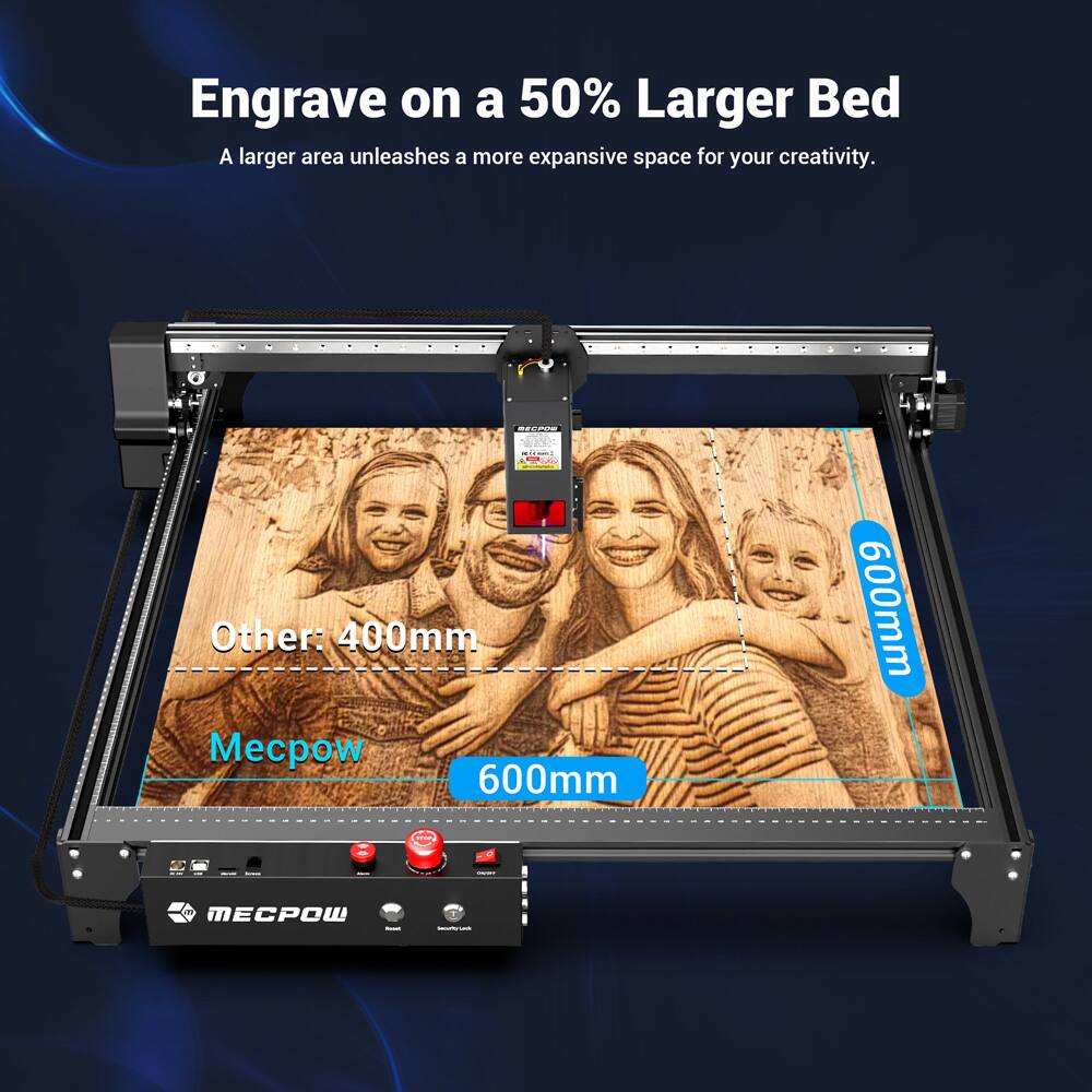 Engrave on a 50% Larger Bed  
A larger area unleashes a more expansive space for your creativity.  

Other: 400mm  
Mecpow: 600mm x 600mm