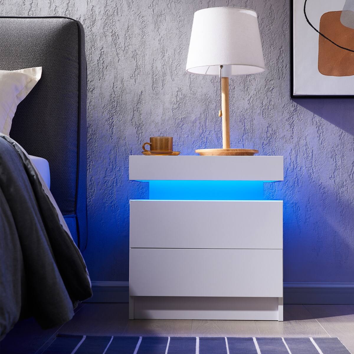 Alt View 4. Loheer - Loheer LED Nightstand With Drawers, White Engineered Wood Bedside Table With Adjustable Lights - White.