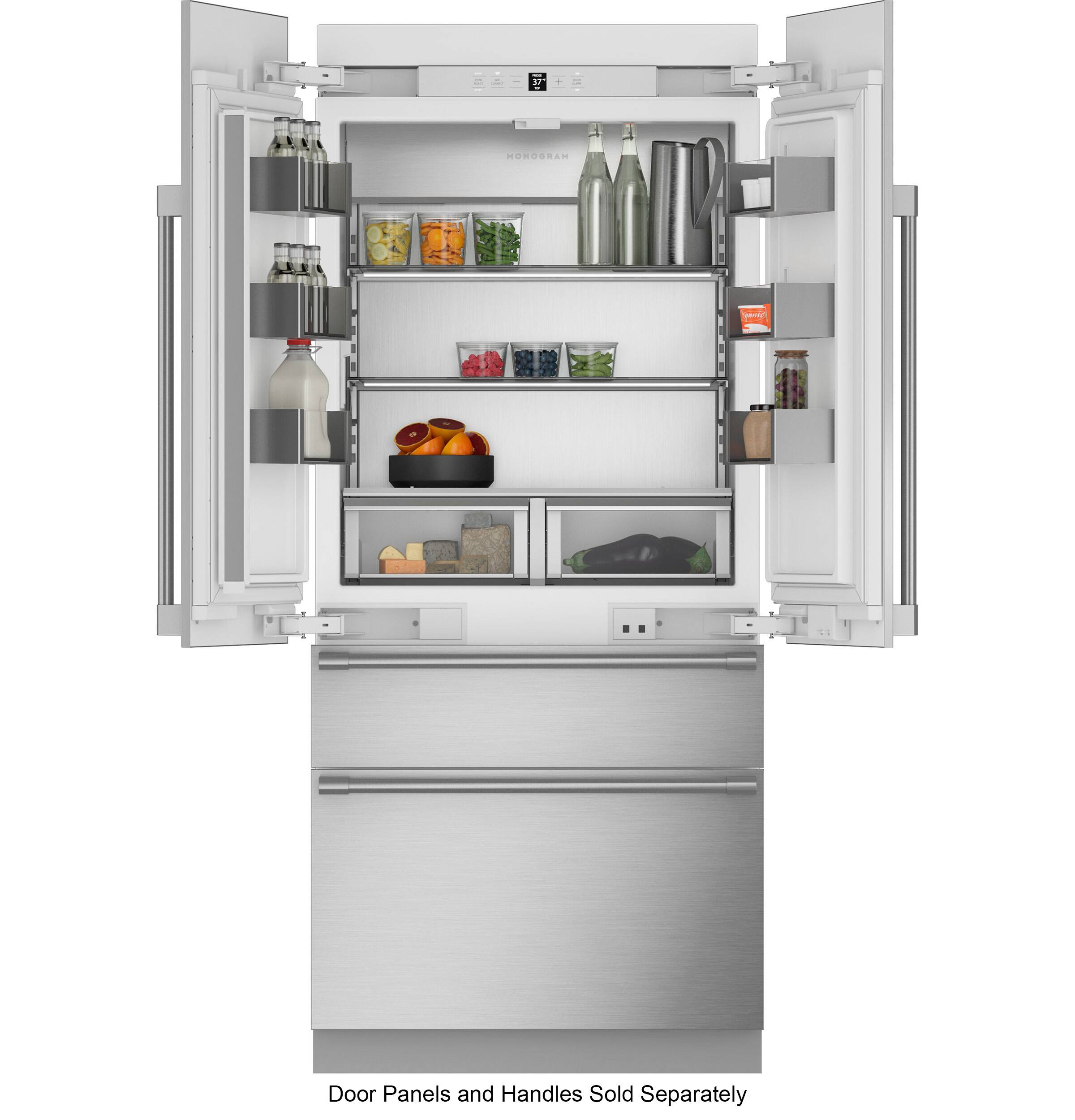 The image shows a refrigerator with its door open, revealing a variety of food items inside. There are several bottles of different sizes, some of which are placed on the top shelf, while others are located on the middle and bottom shelves. Additionally, there are multiple apples and oranges stored in the refrigerator, with the apples being placed on the middle shelf and the oranges on the bottom shelf. The refrigerator is made of stainless steel, and the door panels and handles are sold separately.