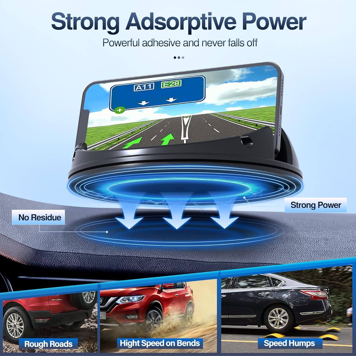 Strong Adsorptive Power  
Powerful adhesive and never falls off  

A11 E28  

No Residue  
Strong Power  

Rough Roads  
High Speed on Bends  
Speed Humps