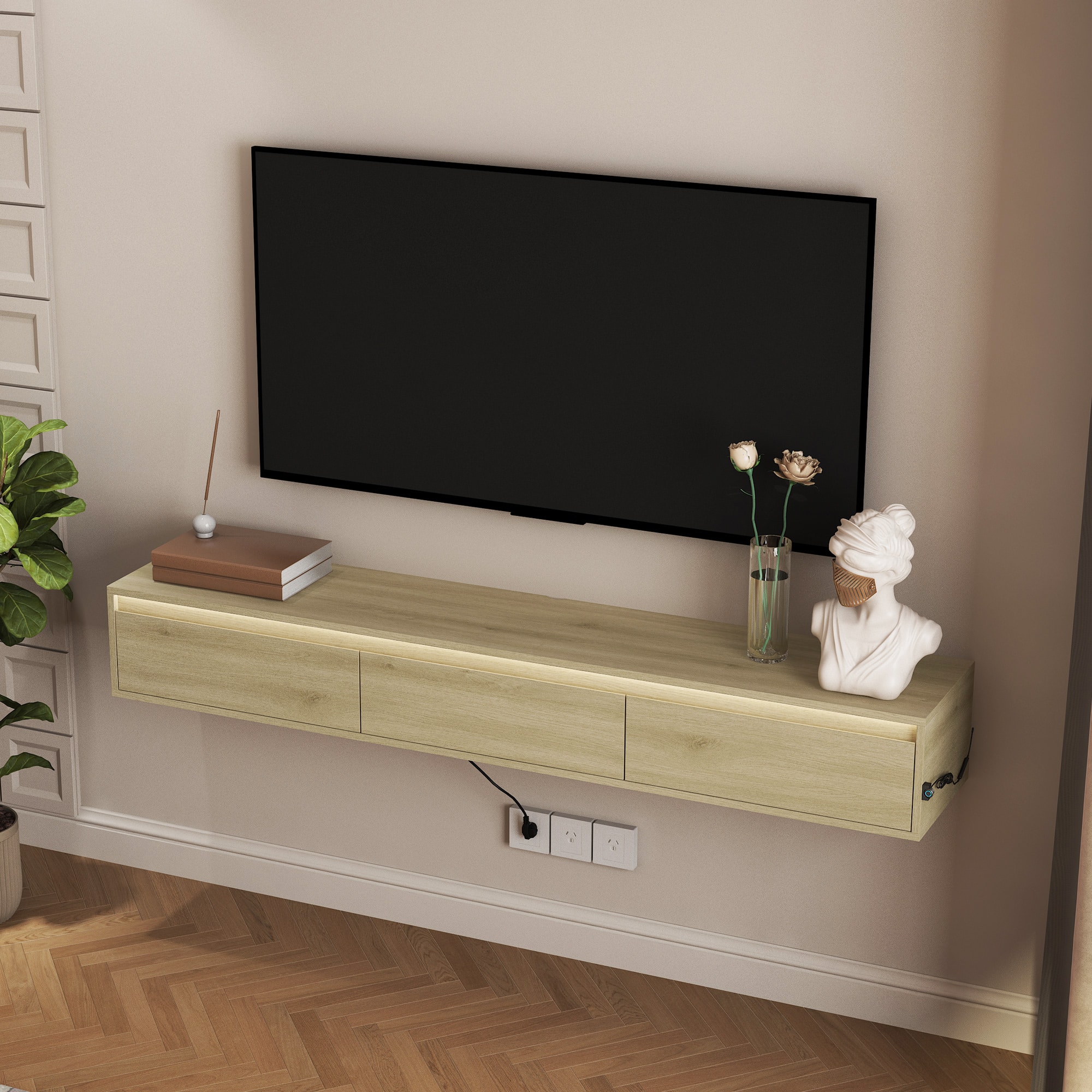Z-Edge - Floating TV Stand, Wall Mounted TV Shelf with Led Lights & Power Outlet, Floating Entertainment Center for Living Room - Natural