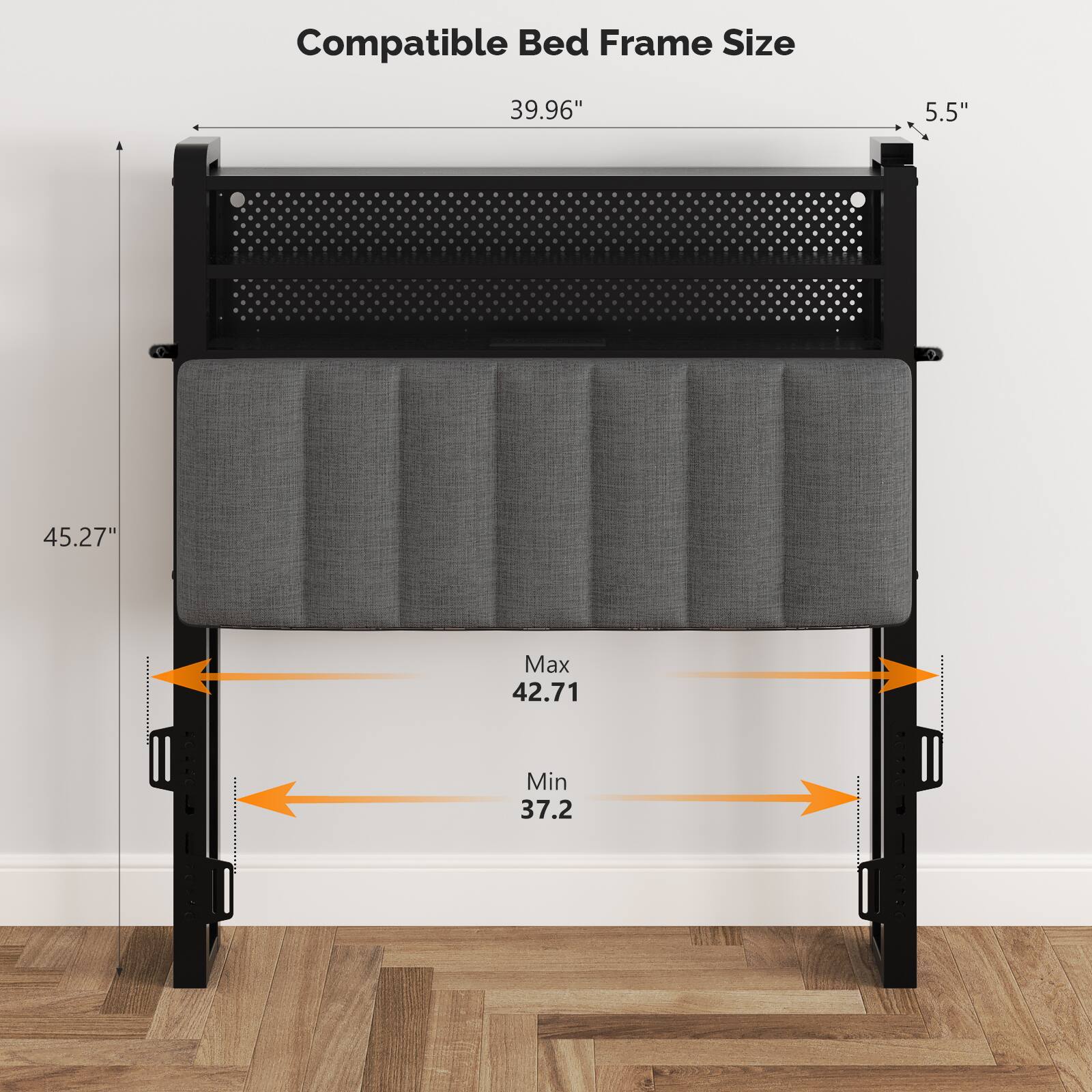 Compatible Bed Frame Size

39.96" x 5.5" x 45.27"

Max: 42.71
Min: 37.2