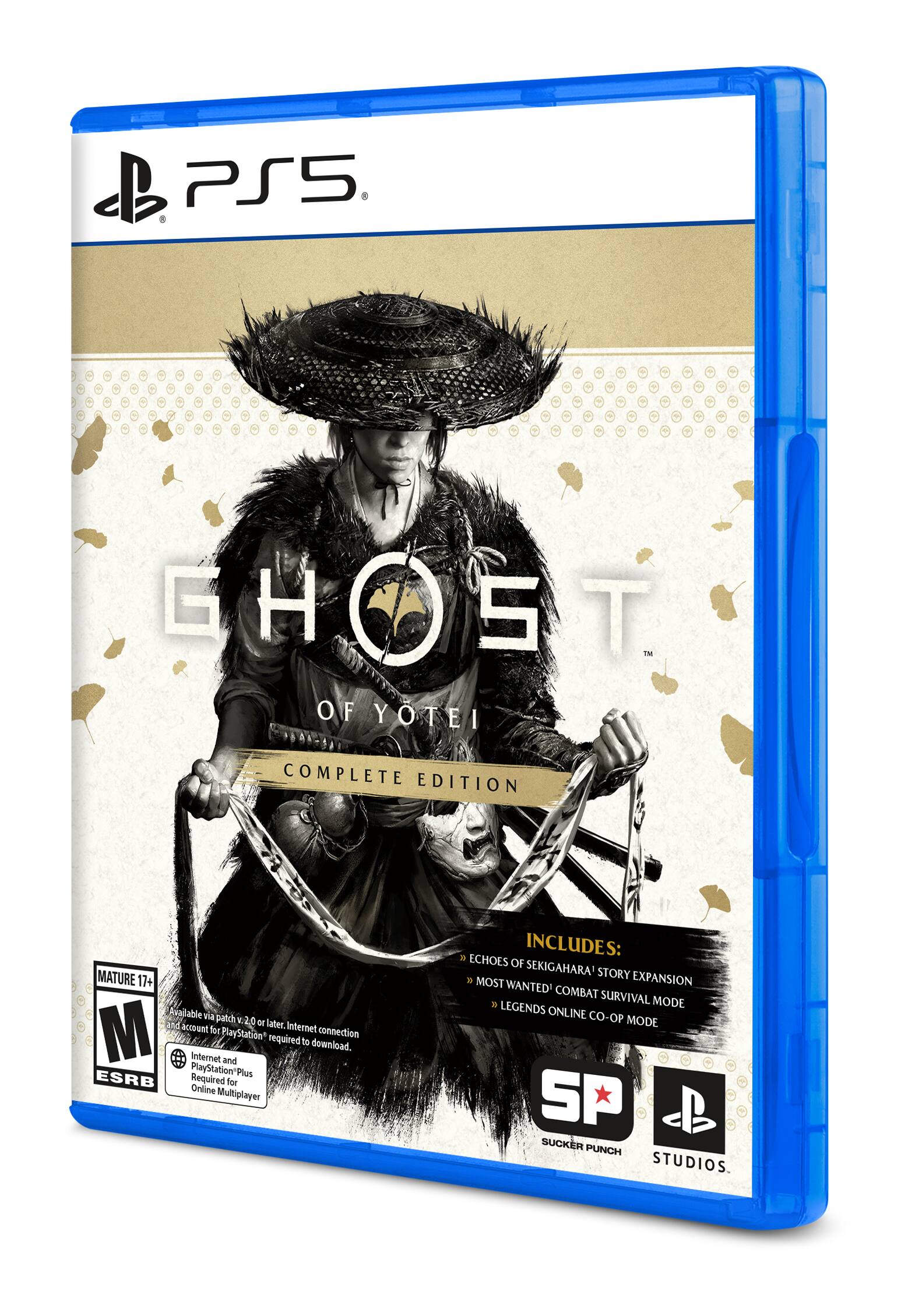 PS5  
GHOST OF YOTEI  
COMPLETE EDITION  
MATURE 17+  
Available via patch v2.0 or later. Internet connection and account for PlayStation® required to download. Internet and PlayStation®Plus Required for Online Multiplayer  
INCLUDES:  
- ECHOES OF SEKIGAHARA STORY EXPANSION  
- MOST WANTED COMBAT SURVIVAL MODE  
- LEGENDS ONLINE CO-OP MODE  
SP Sucker Punch Studios