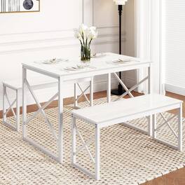 Vecelo - Dining Set: 55" Table & 2 Benches - Space Saving Design, Easy Assembly, Metal Frame, 4-Person Family Dining - White