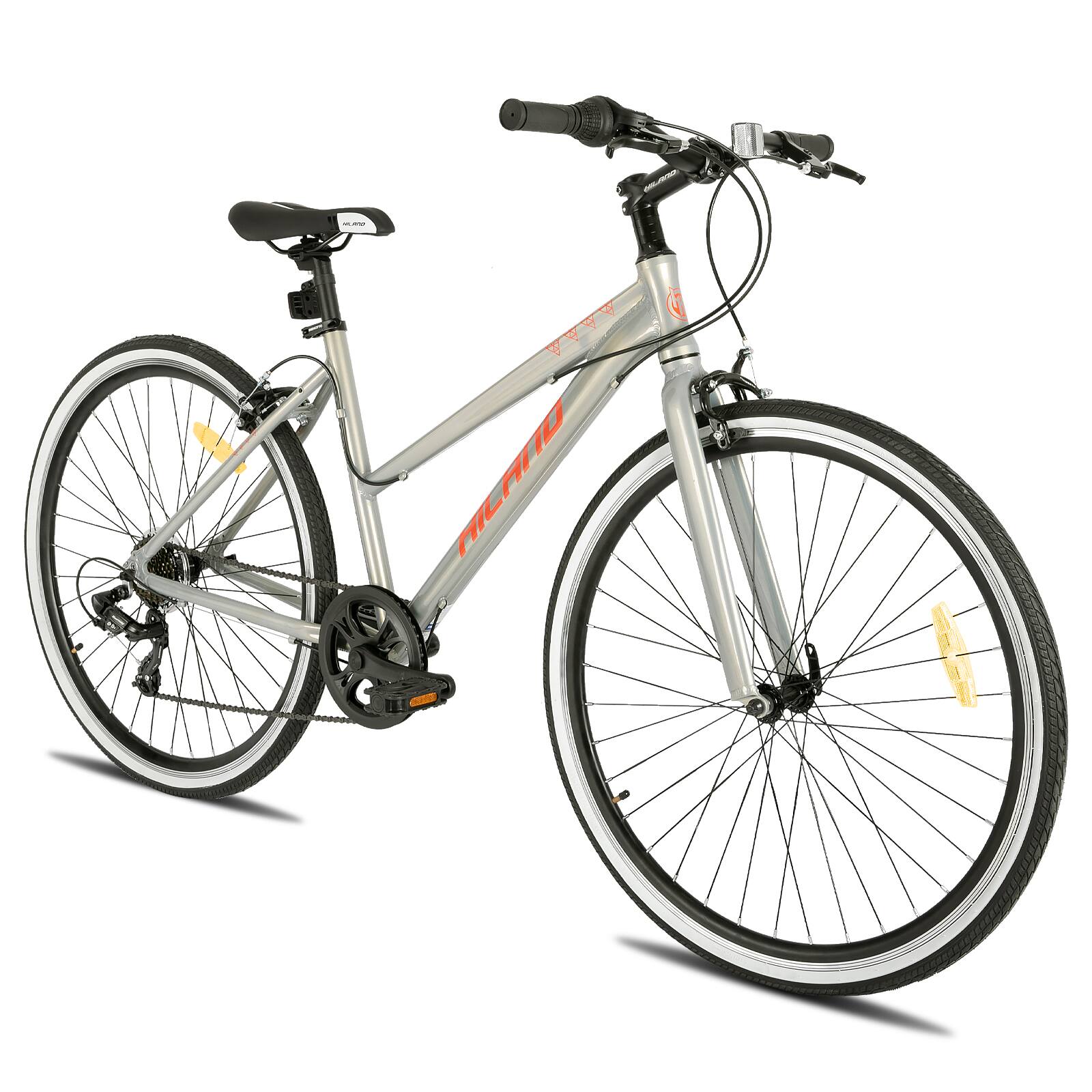 Left. HILAND - HILAND Flow 700C Adult Hybrid Bike, 7 Speeds Commuter Bicycle for Men Women, Aluminum Alloy Frame, Silver - silver.