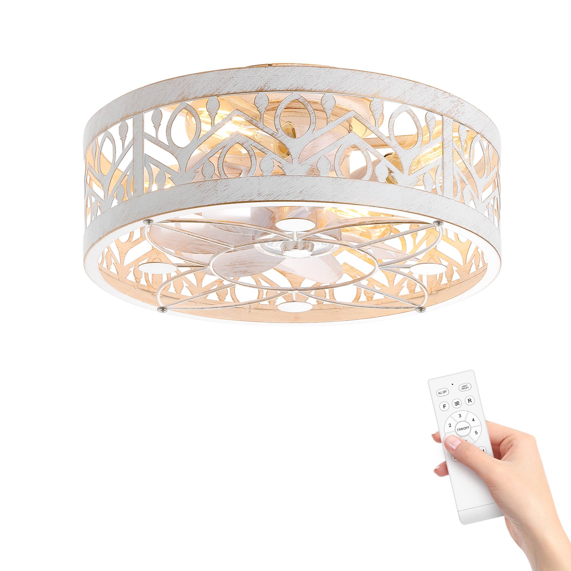 Angle. Breezary - 16.5'' Indoor Caged Ceiling Fan with  7-Blade, Reversible DC Motor, 6-Speed Remote Control,Timer - Distressed White and Gold.