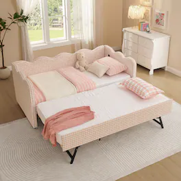 JUJABU - Cozy Gingham Daybed with Twin Size Trundle No Box Spring Needed, with USB Port and Adorable Wave Shaped - Pink