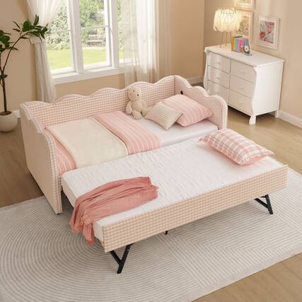 Front. JUJABU - Pink Cozy Gingham Daybed with Twin Size Trundle No Box Spring Needed, with USB Port and Adorable Wave Shaped - Pink.