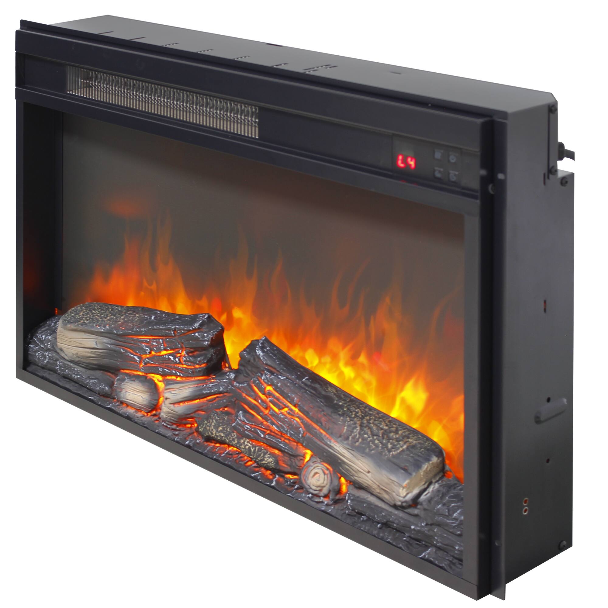 Angle. GOODSILO - 26 Inch Electric Fireplace Insert - Ultra Thin Heater, Realistic Flame & Log Set, Remote, Timer, Overheat Protection - Antique Black.