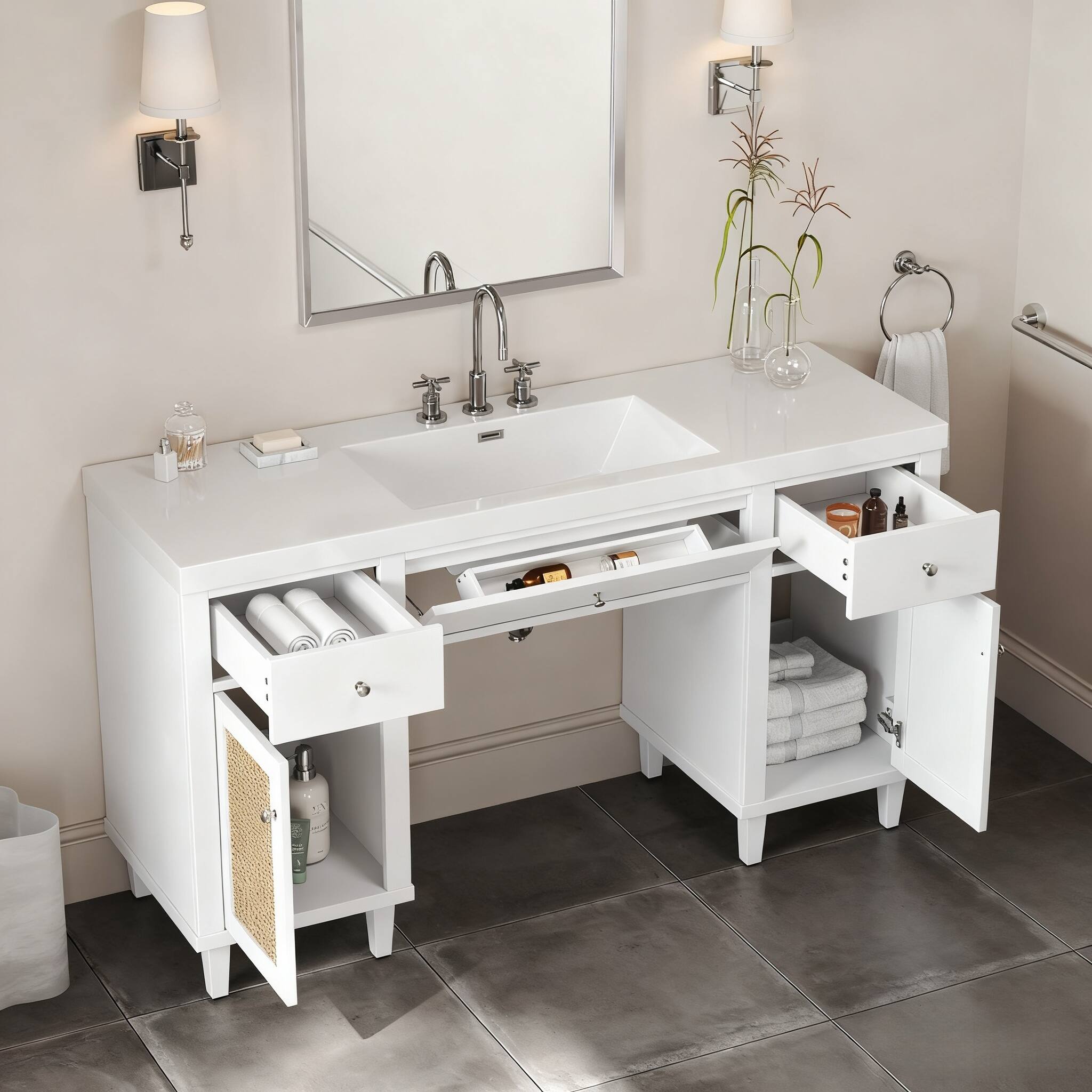 Alt View 4. Loheer - 60" Single Sink Bathroom Vanity - Wheelchair-Accessible with 28.35" Knee Space, SMC Sink & Soft-Close Storage - White.