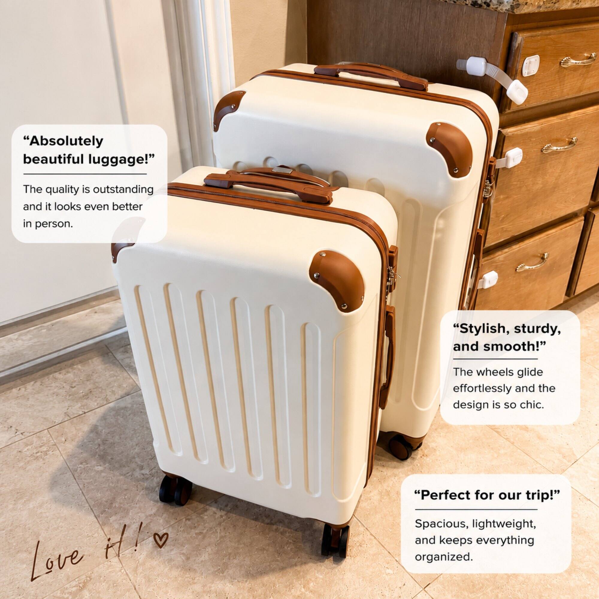 "Absolutely beautiful luggage! The quality is outstanding and it looks even better in person.

"Stylish, sturdy, and smooth! The wheels glide effortlessly and the design is so chic.

"Perfect for our trip!" Spacious, lightweight, and keeps everything organized.

Love it!!"