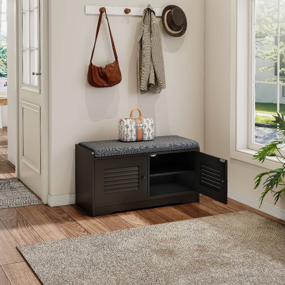 Alt View 5. Loheer - Loheer black shoe storage bench, 28.74 inch entryway bench with cushion and louvered doors - Black.