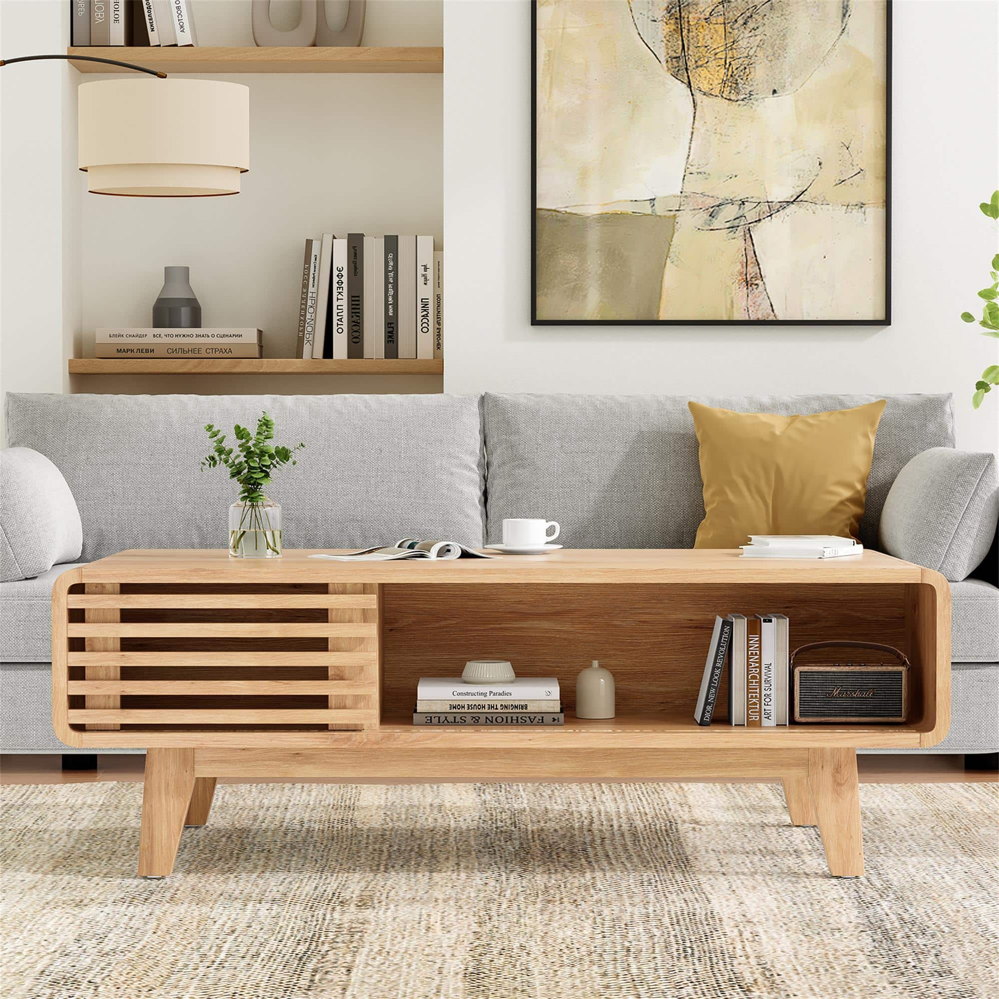 Boyel Living - Living Room Tables with Storage Mid Century Farmhouse Wood Coffee Table - Natural
