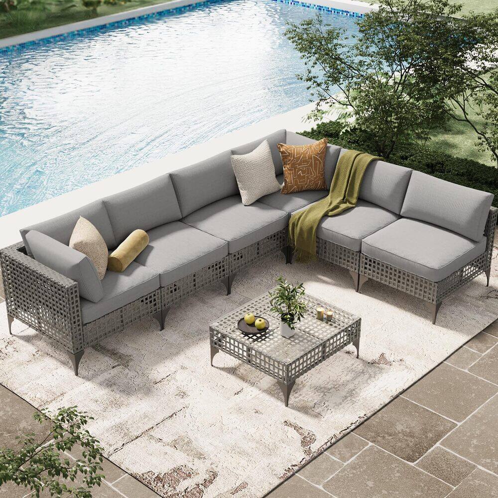 Angle. Mondawe - 7-Piece Hollow Steel Seating Set with Waterproof Cushions and Adjustable Feet - Grey.