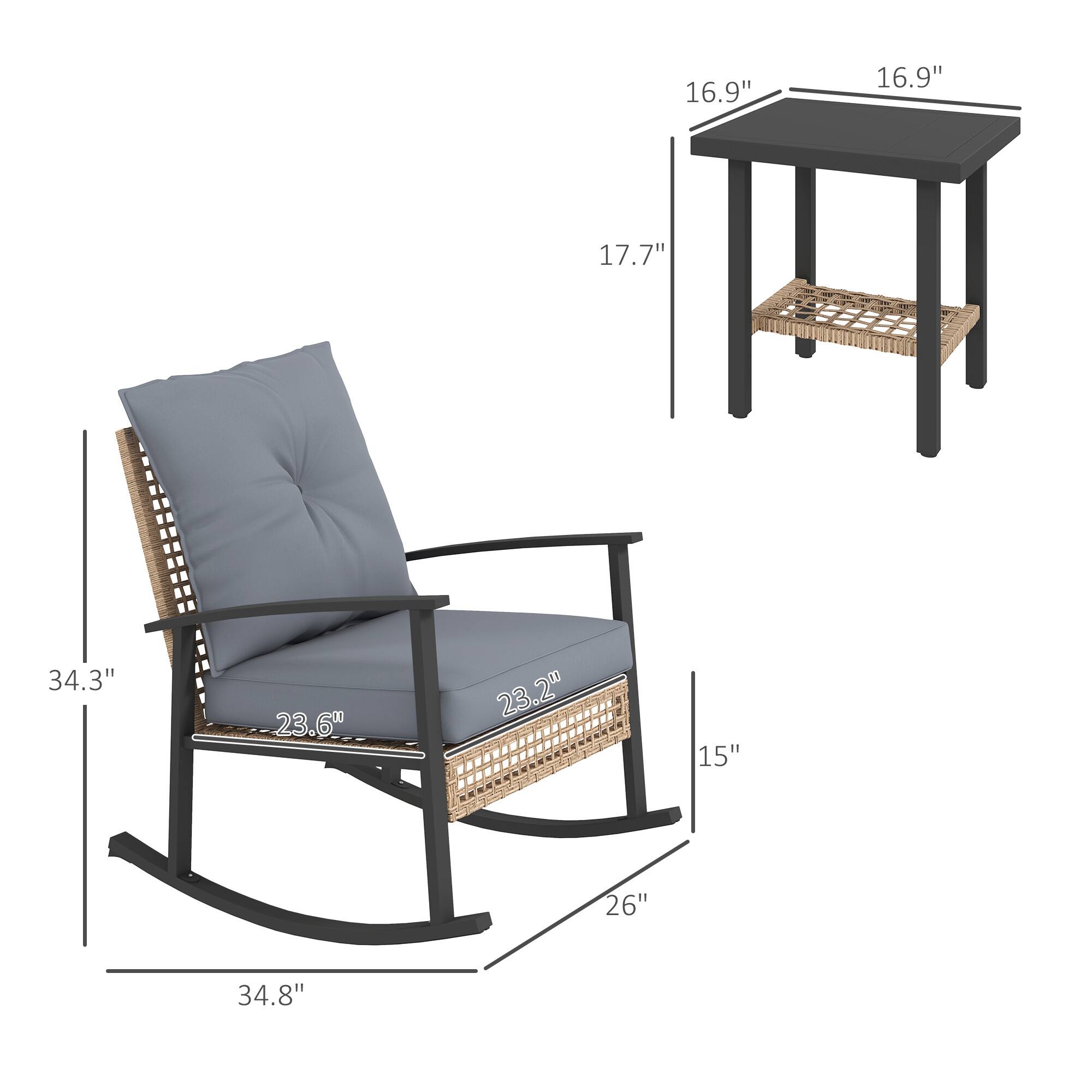 Chair: 34.3", 23.6", 23.2", 15", 34.8"

Table: 16.9", 17.7"