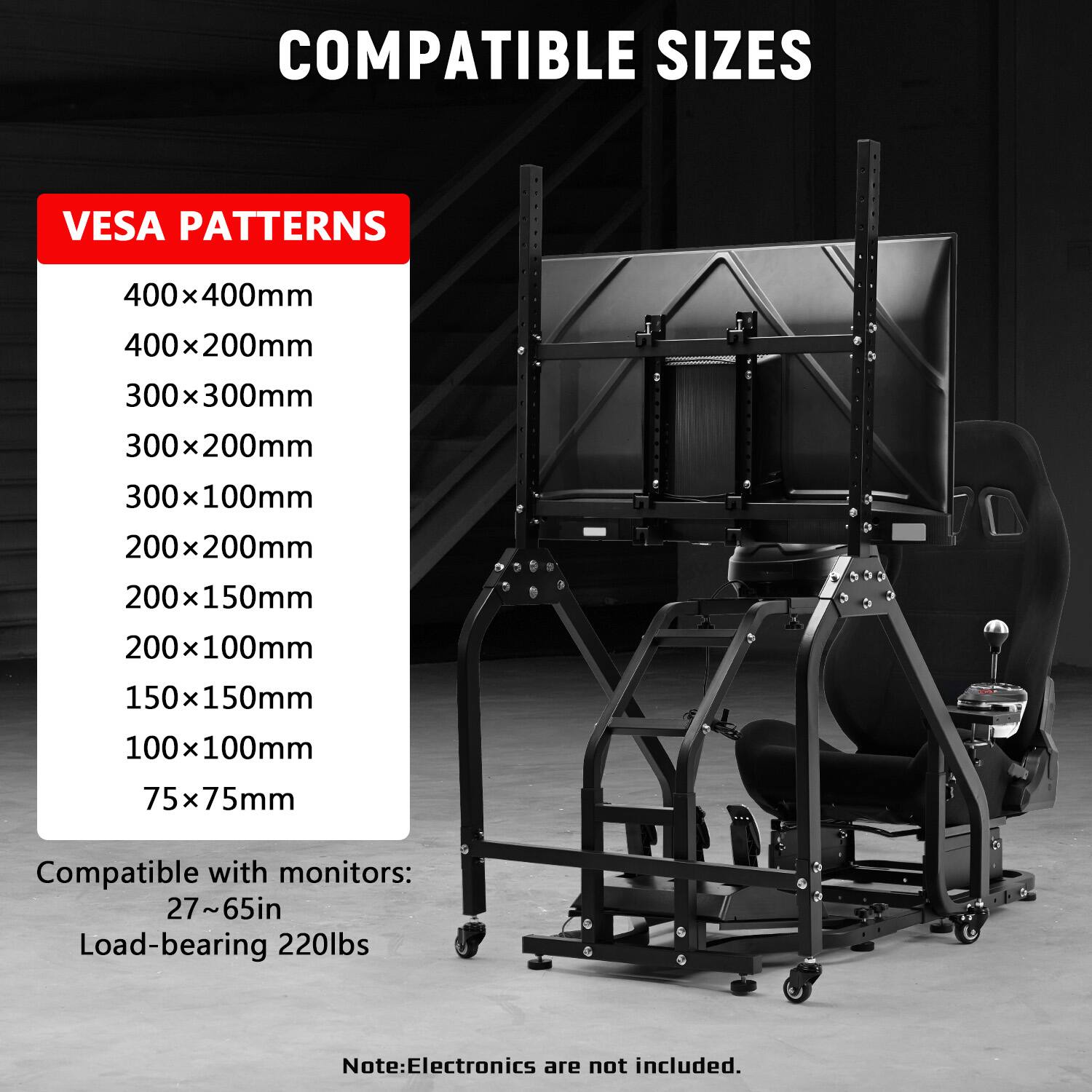 COMPATIBLE SIZES

VESPA PATTERNS
400x400mm
400x200mm
300x300mm
300x200mm
300x100mm
200x200mm
200x150mm
200x100mm
150x150mm
100x100mm
75x75mm

Compatible with monitors: 27~65in
Load-bearing 220lbs

Note: Electronics are not included.