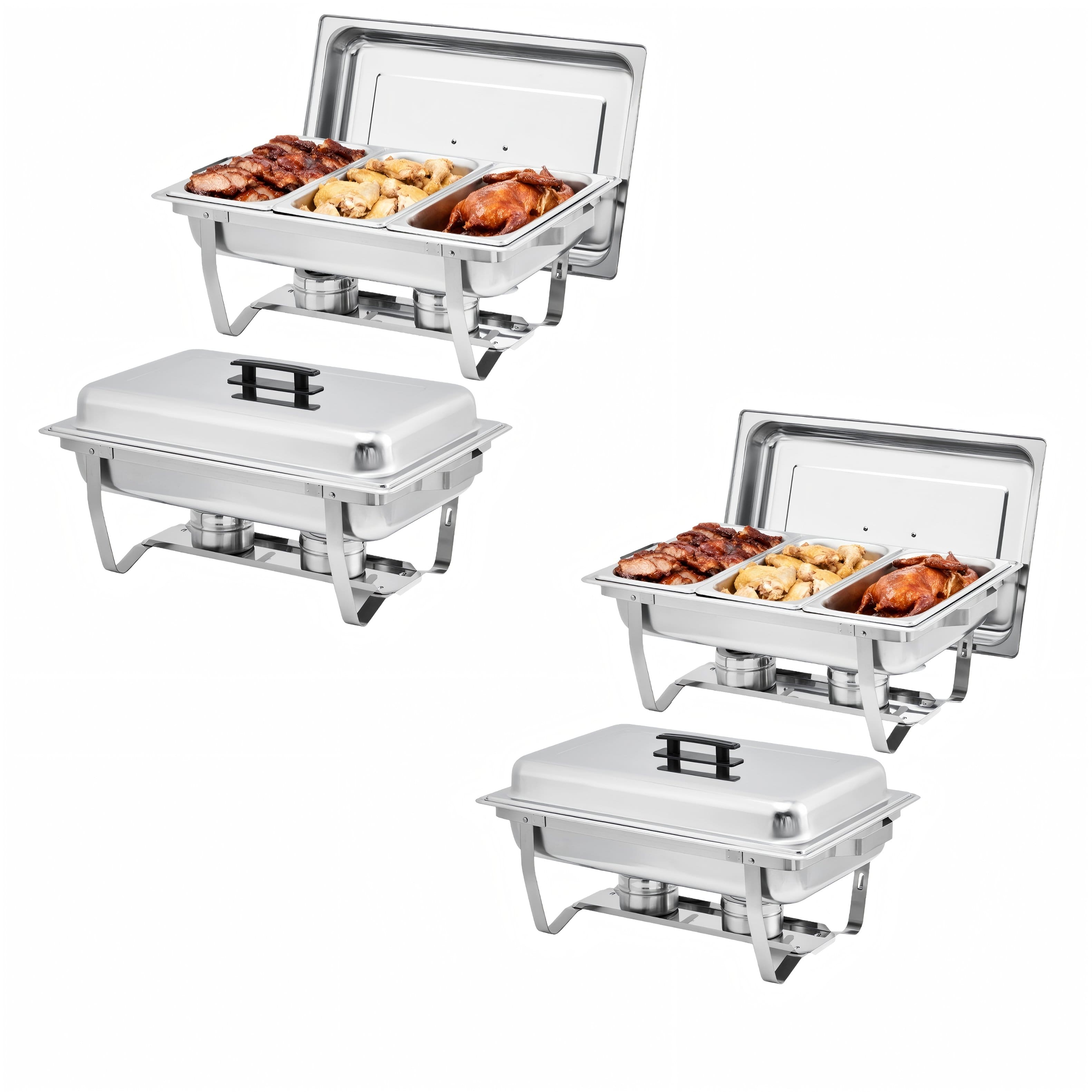 GARVEE - 4-Pack Stainless Steel Buffet Server Set, 3-Well Rectangular Chafing Dish Multi-Compartment Food Warmer - Silver