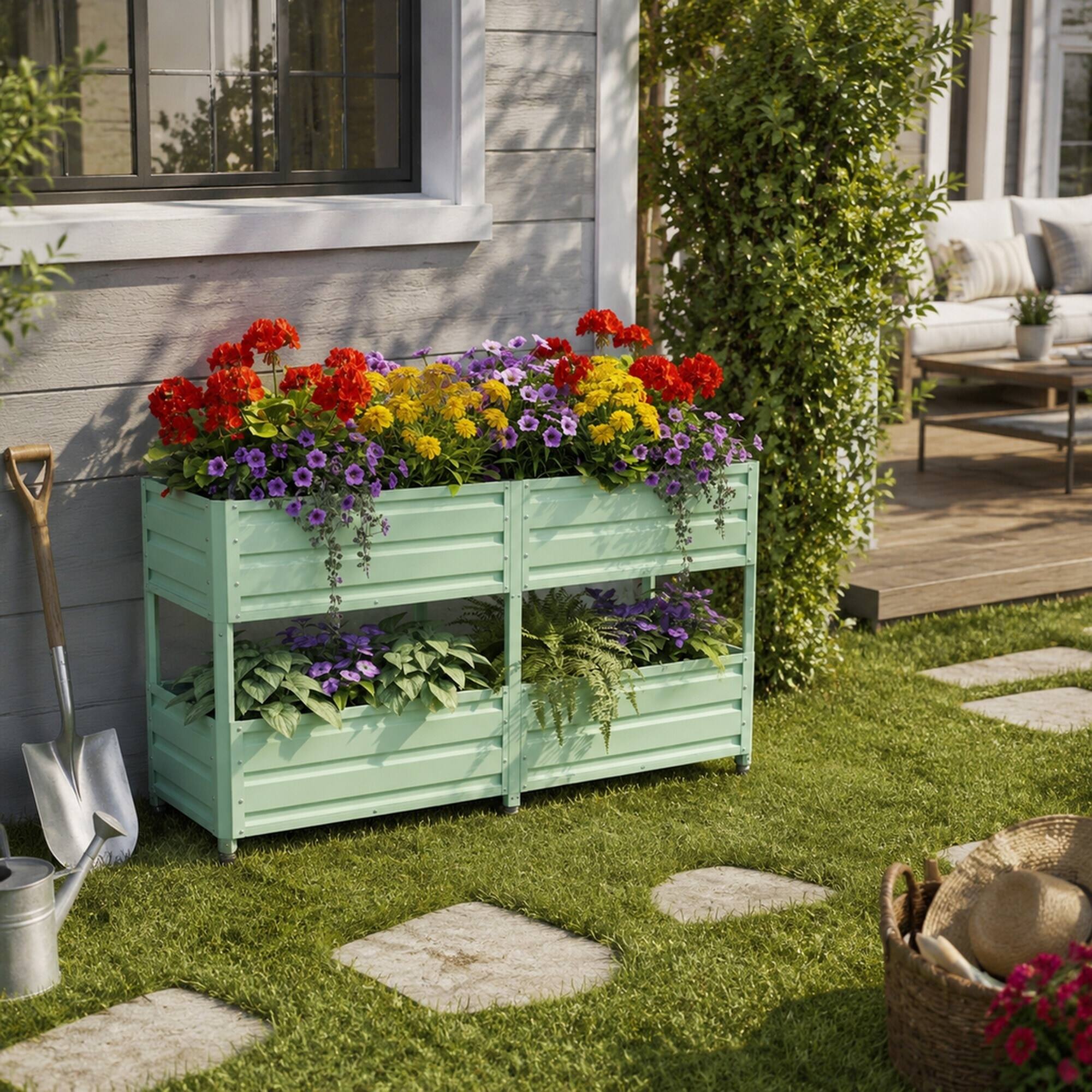 Angle. RYHNUYNE - Elevated Metal Raised Garden Bed with Lockable Wheels, Green Two-Tier Self-Watering Planter Box for Vegetables - Green.